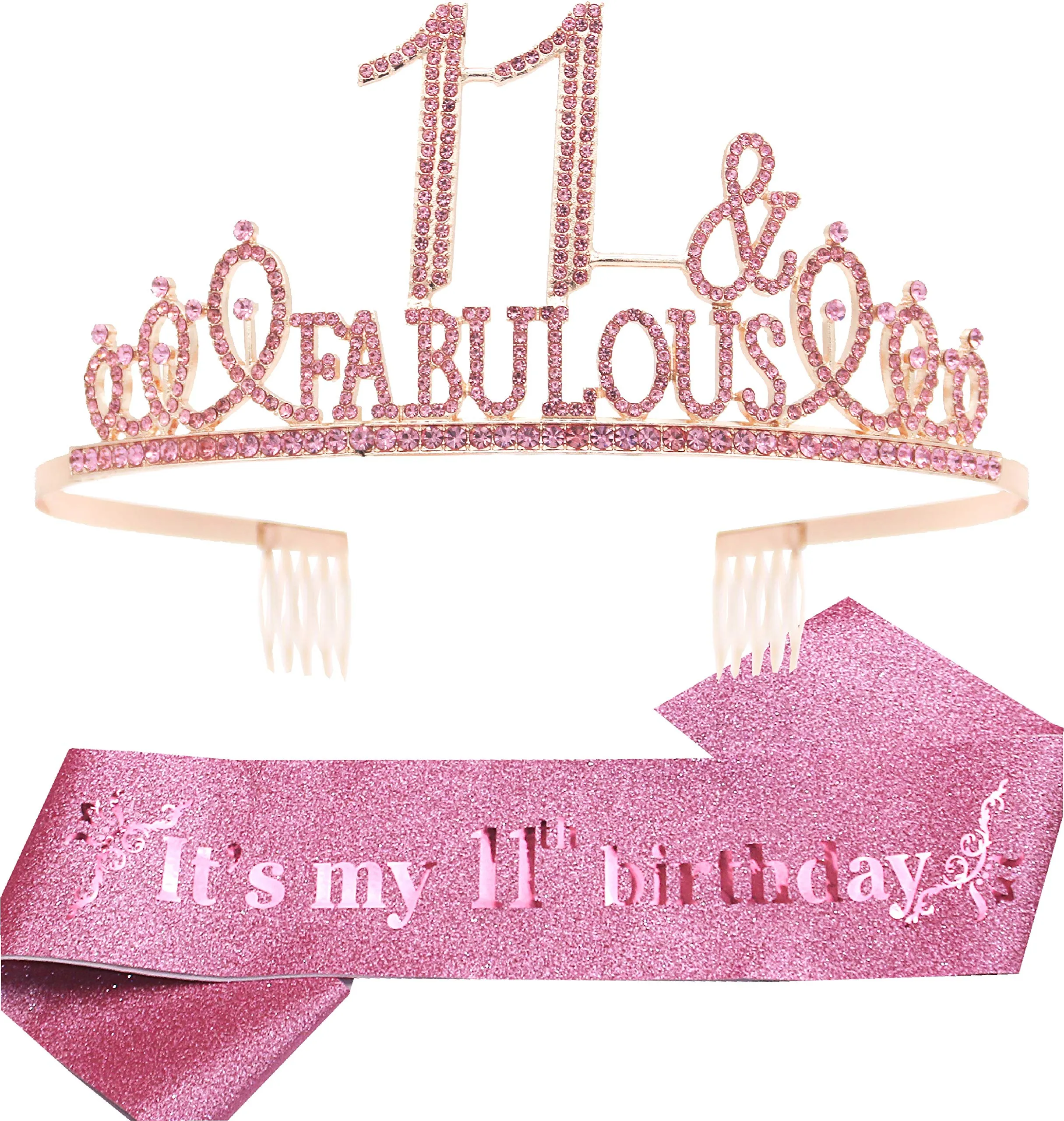 11th Birthday Gifts for Girl,11th Birthday Tiara and Sash Pink,11th Birthday Decorations