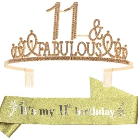 11th Birthday Gifts for Girls,11th Birthday Tiara and Sash Golden,11th Birthday