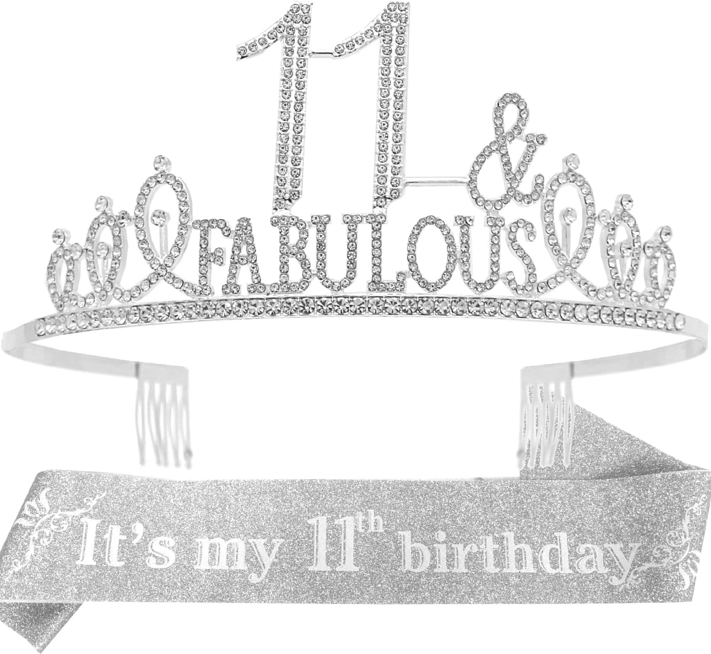 11th Birthday Gifts for girls,11th Birthday Tiara and Sash Silver,11th Birthday