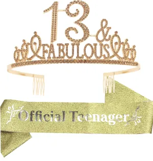 13th Birthday Gifts for Girls,13th Birthday Tiara and Sash Golden,13th Birthday