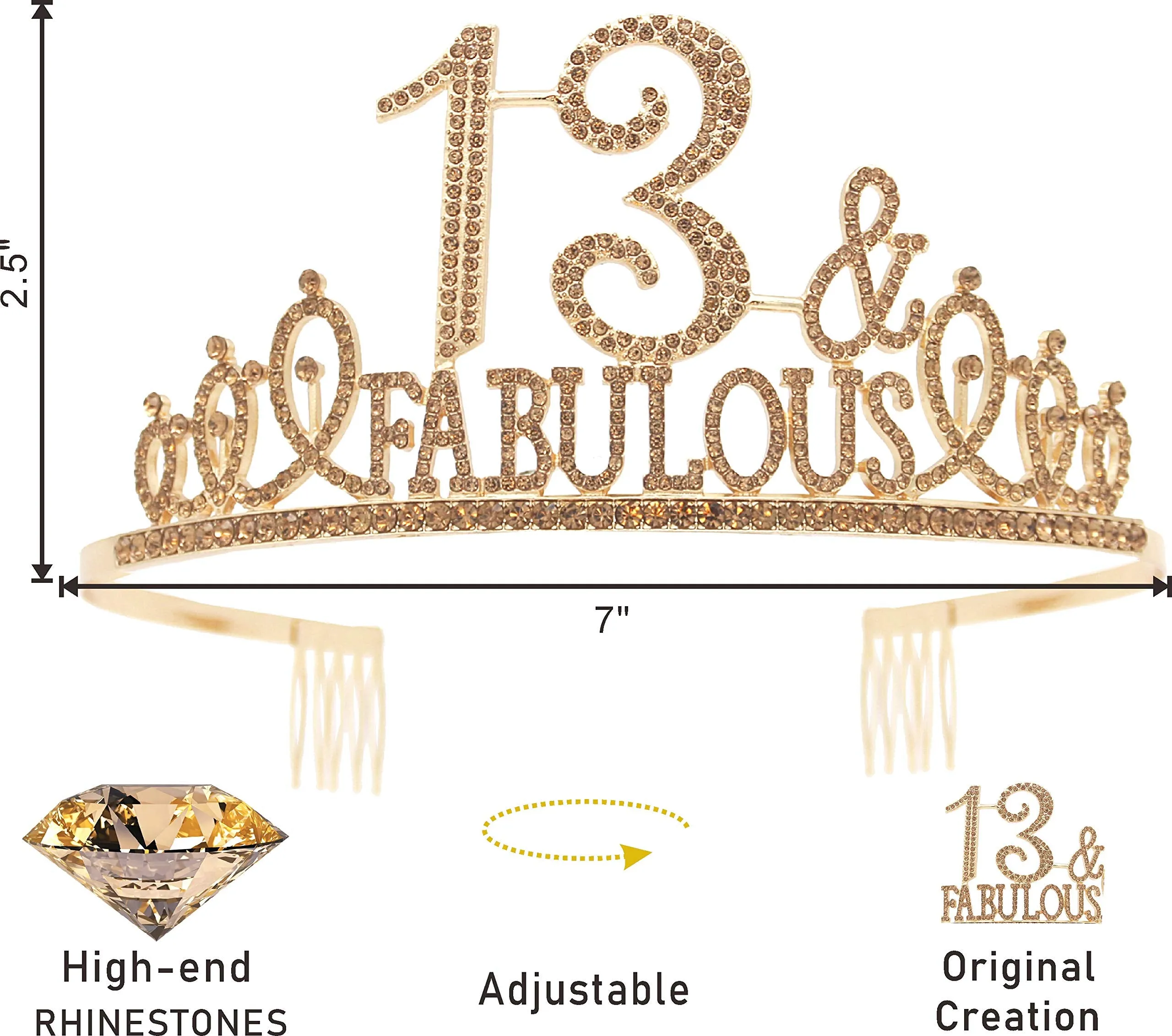 13th Birthday Gifts for Girls,13th Birthday Tiara and Sash Golden,13th Birthday