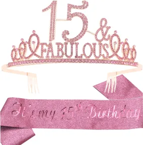 15th Birthday Gifts for Girl,15th Birthday Tiara and Sash Pink,15th Birthday Decorations