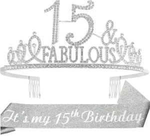 15th Birthday Gifts for girls,15th Birthday Tiara and Sash Silver,15th Birthday