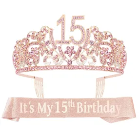 15th Birthday Sash And Tiara For Girls - Fabulous Set: Glitter Sash   Flowers