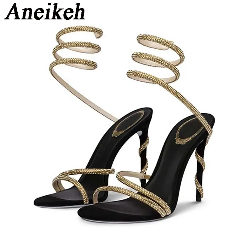 2024 Shiny Crystal Ankle Band PU Thin High Heels Women's Summer Fashion Sexy Round Head Slip-On Sandals  Party Dress