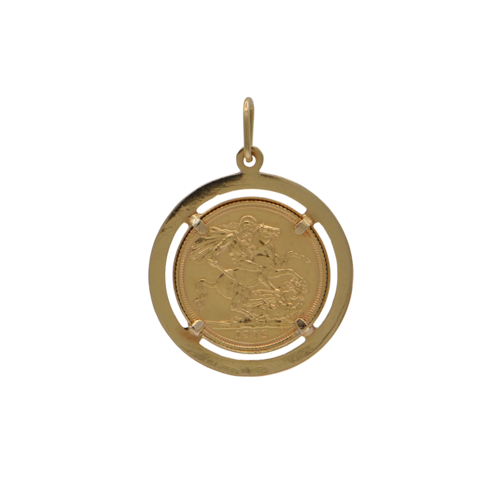 1976 Elizabeth II 1 Sovereign Coin Pendant in 22k Gold with 2nd Portrait