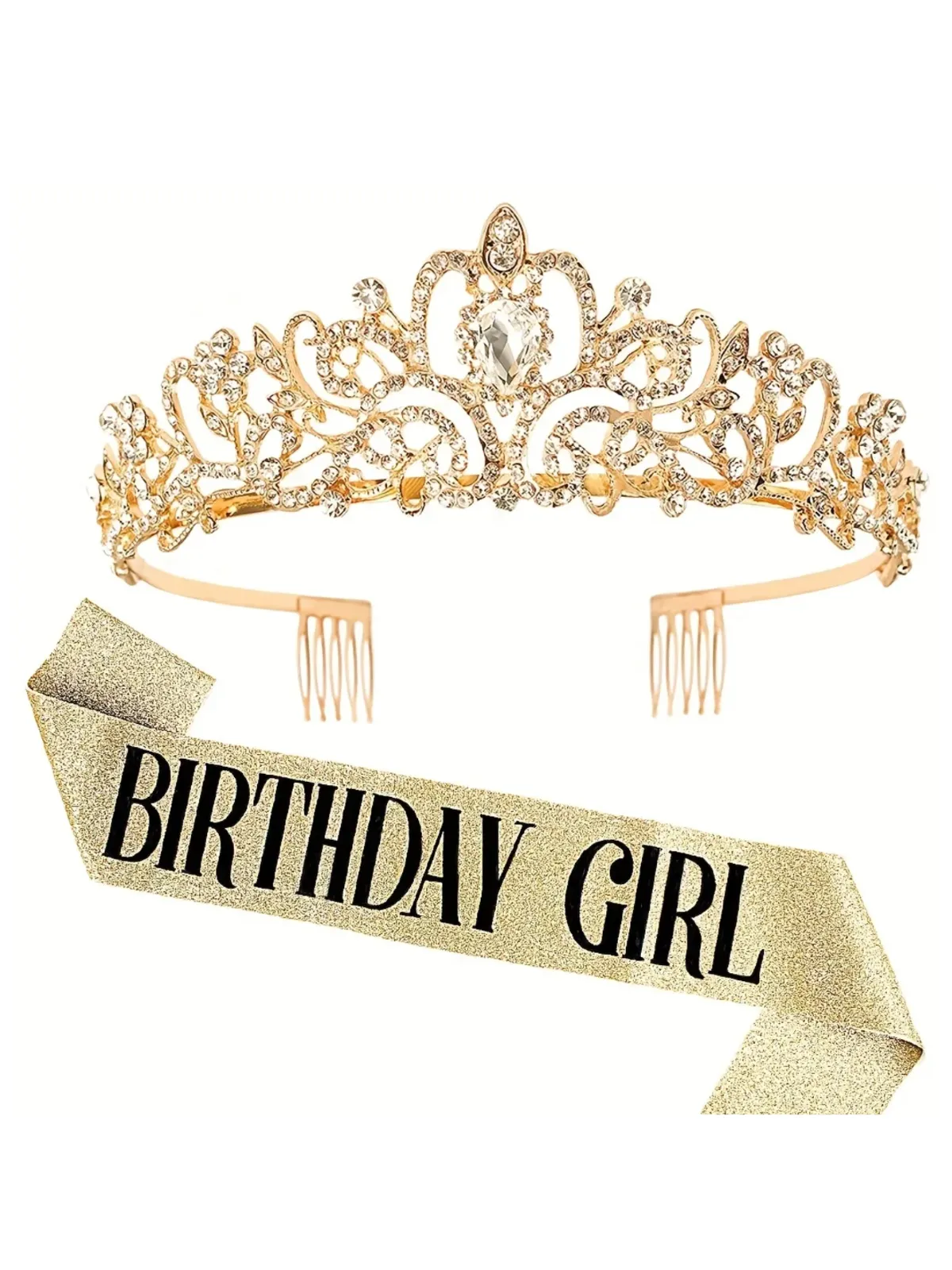 Birthday Queen Accessory Kit - Rhinestone Crown and Glitter Sash