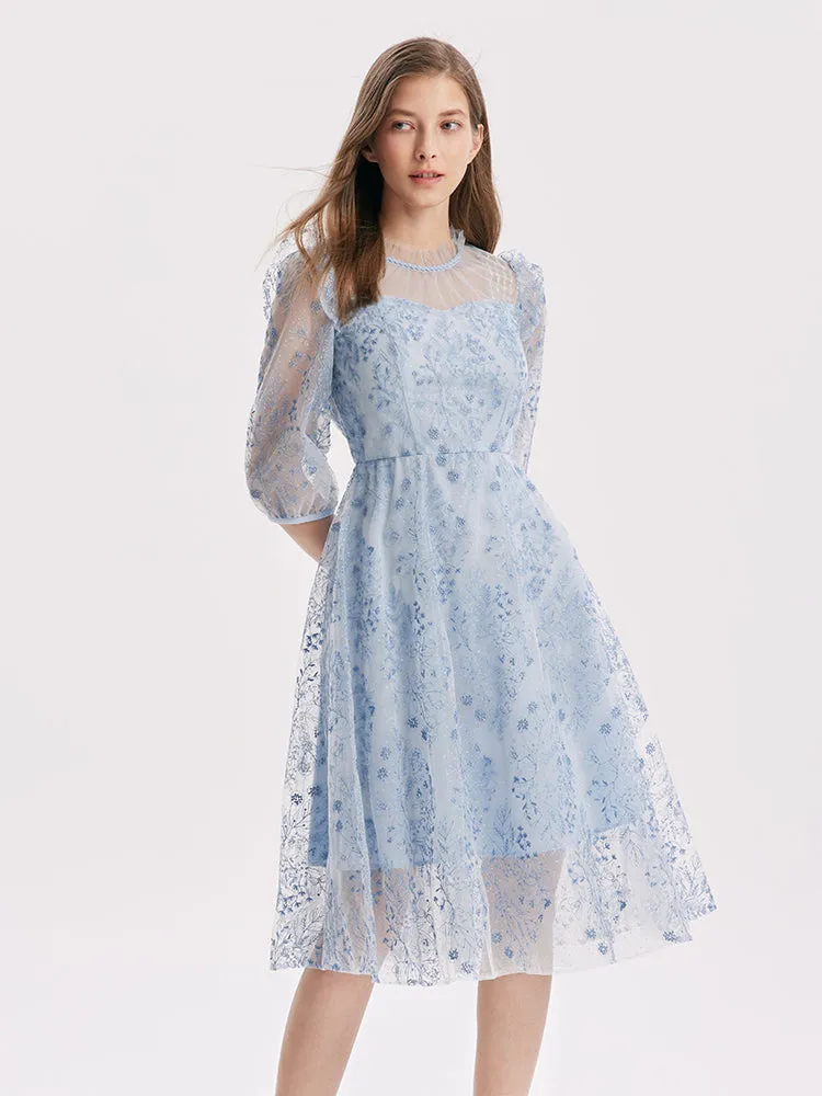 Blue See-Through Tulle Embroidered Dress