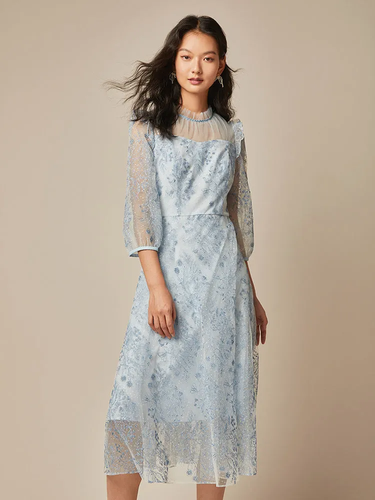 Blue See-Through Tulle Embroidered Dress