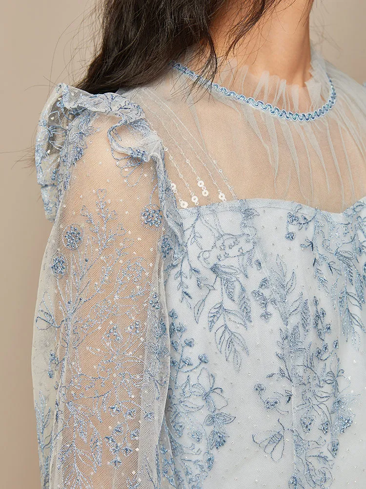 Blue See-Through Tulle Embroidered Dress