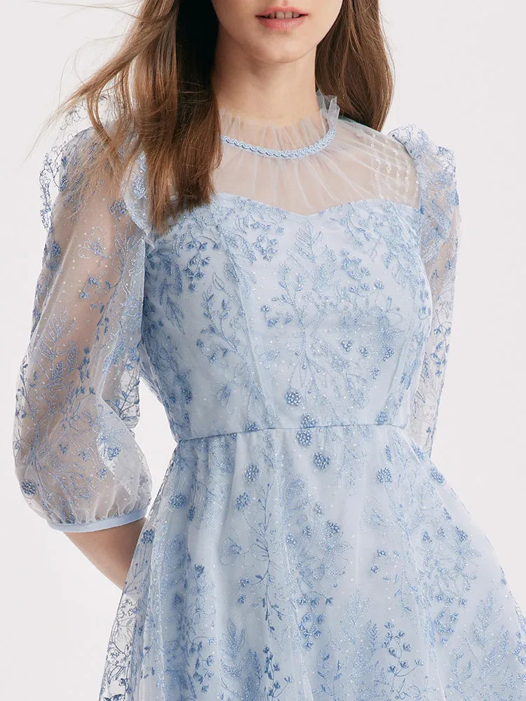 Blue See-Through Tulle Embroidered Dress