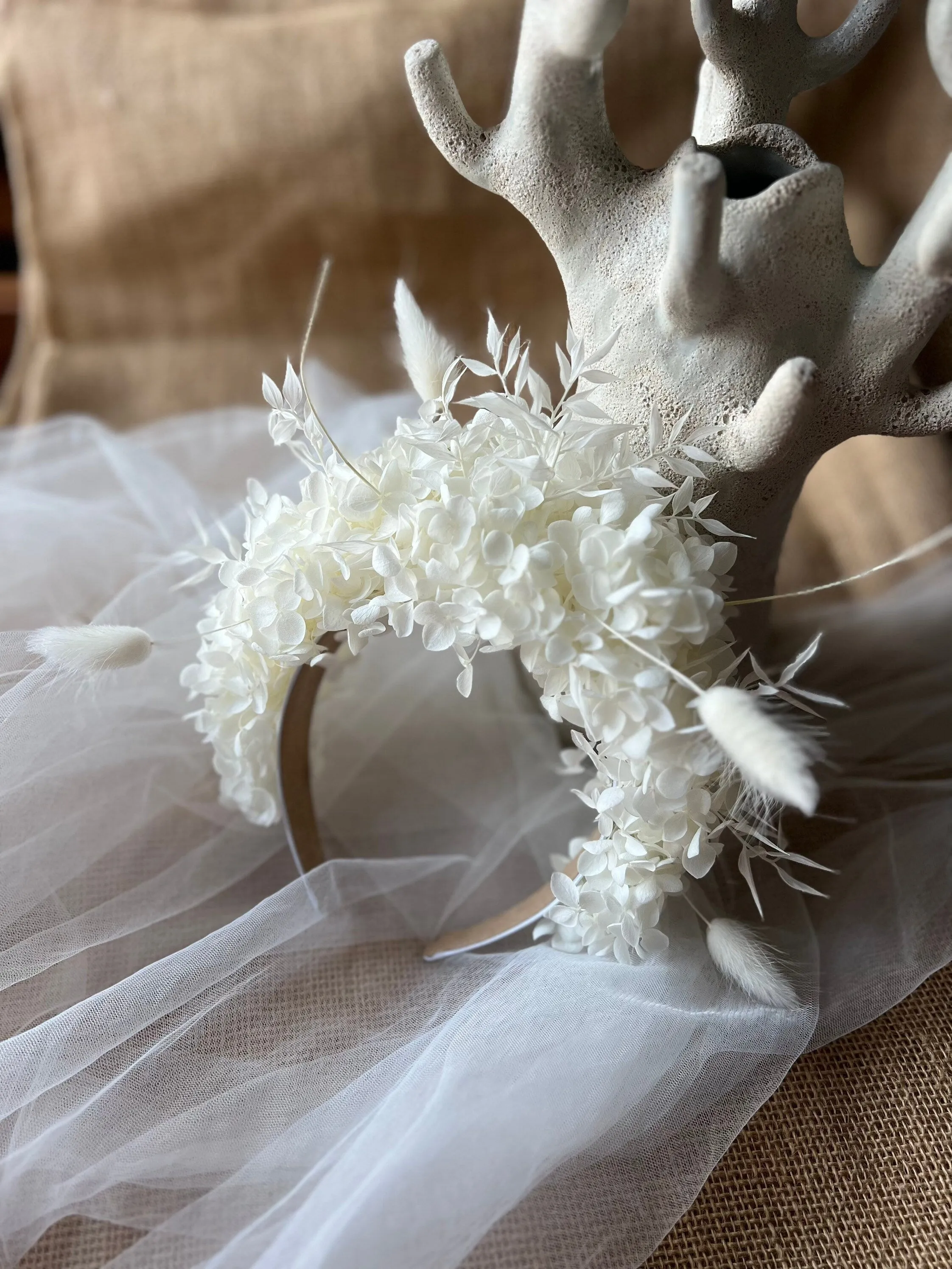 Boho Bridal Statement Headpiece White, Wild Looking Flower Tiara Headband, Large Floral Crown Unique Design