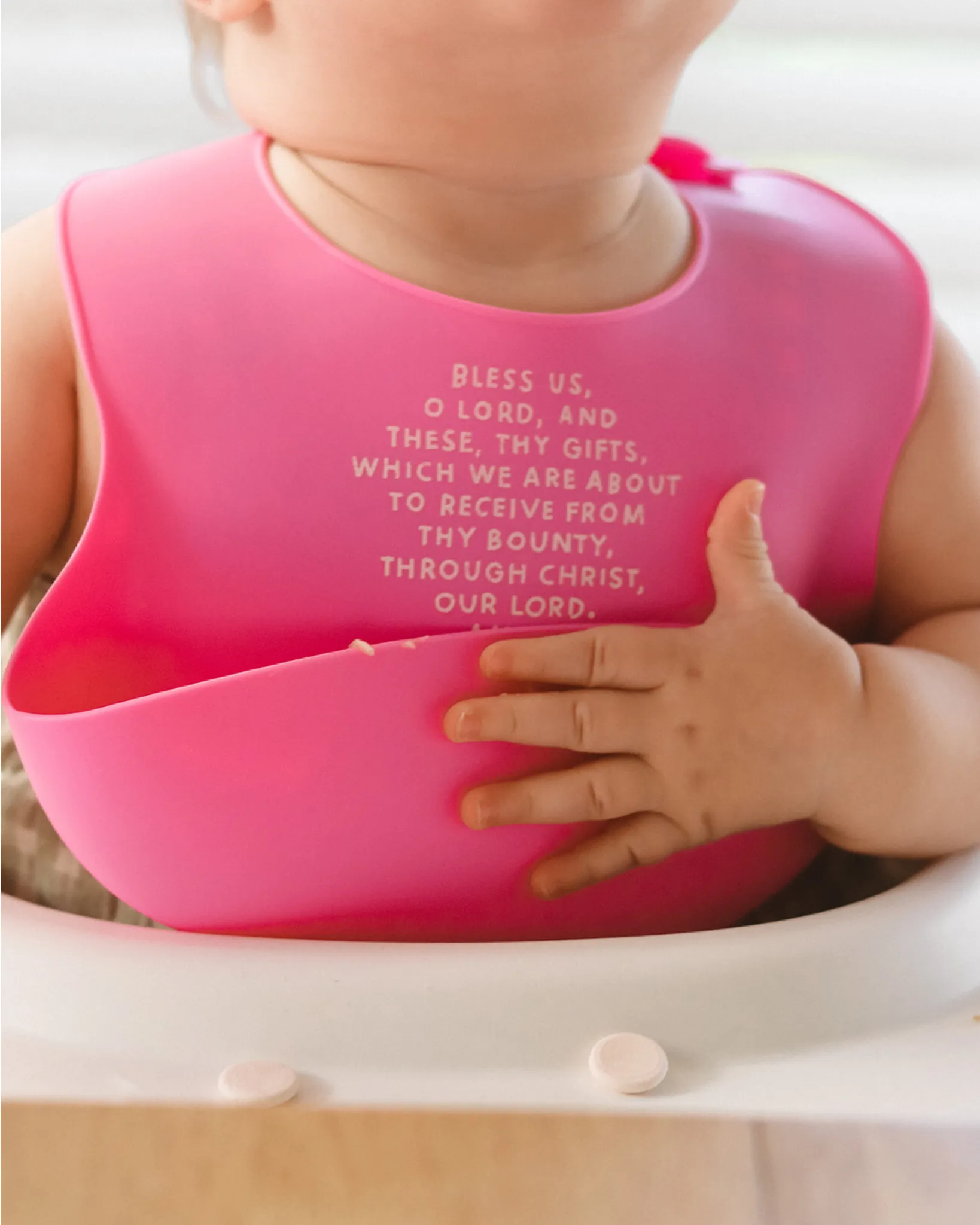 Catholic Meal Blessing Bib | BPA Free Bib | Gift For Baby: Sage Green - ALL CAPS English