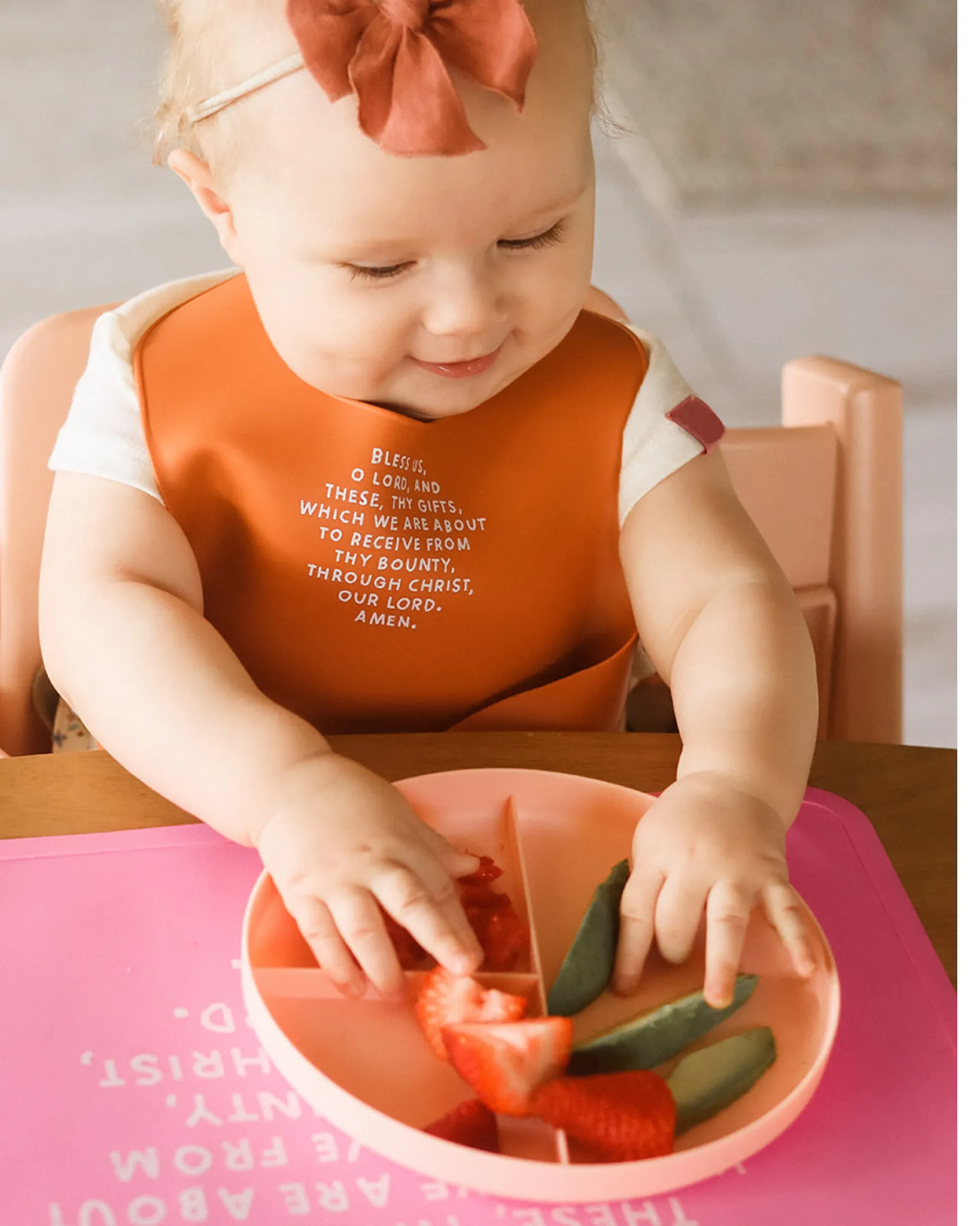 Catholic Meal Blessing Bib | BPA Free Bib | Gift For Baby: Sage Green - ALL CAPS English