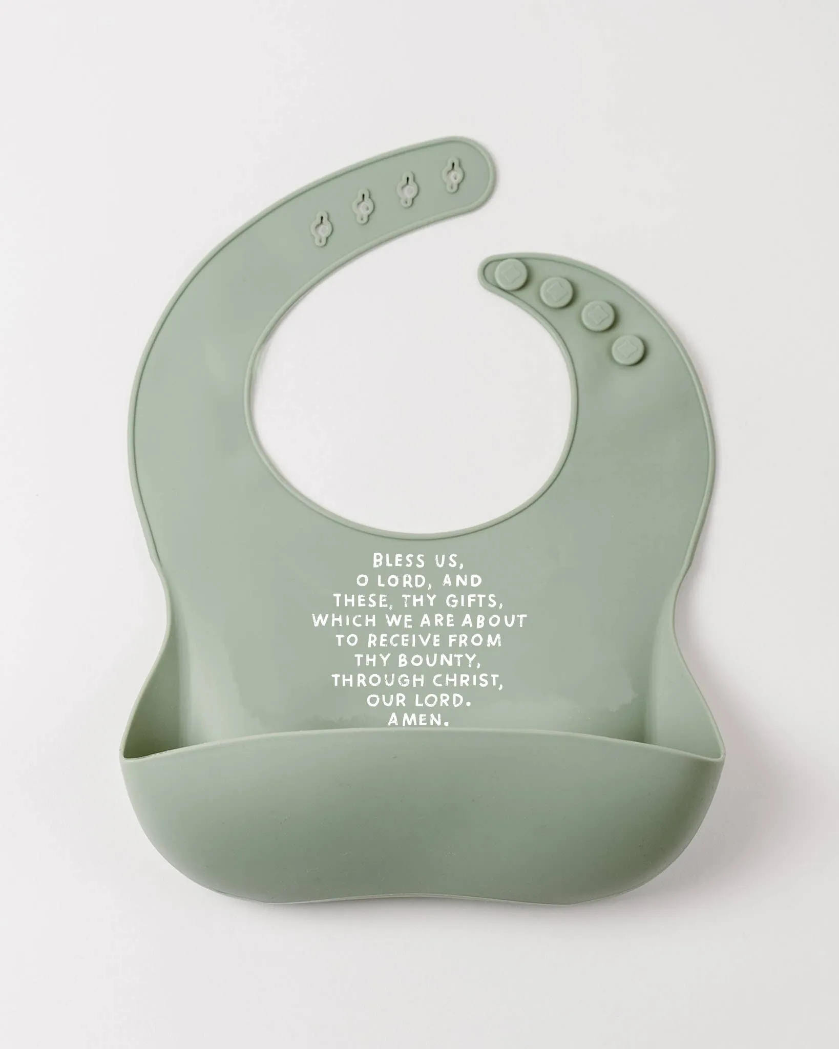 Catholic Meal Blessing Bib | BPA Free Bib | Gift For Baby: Sage Green - ALL CAPS English