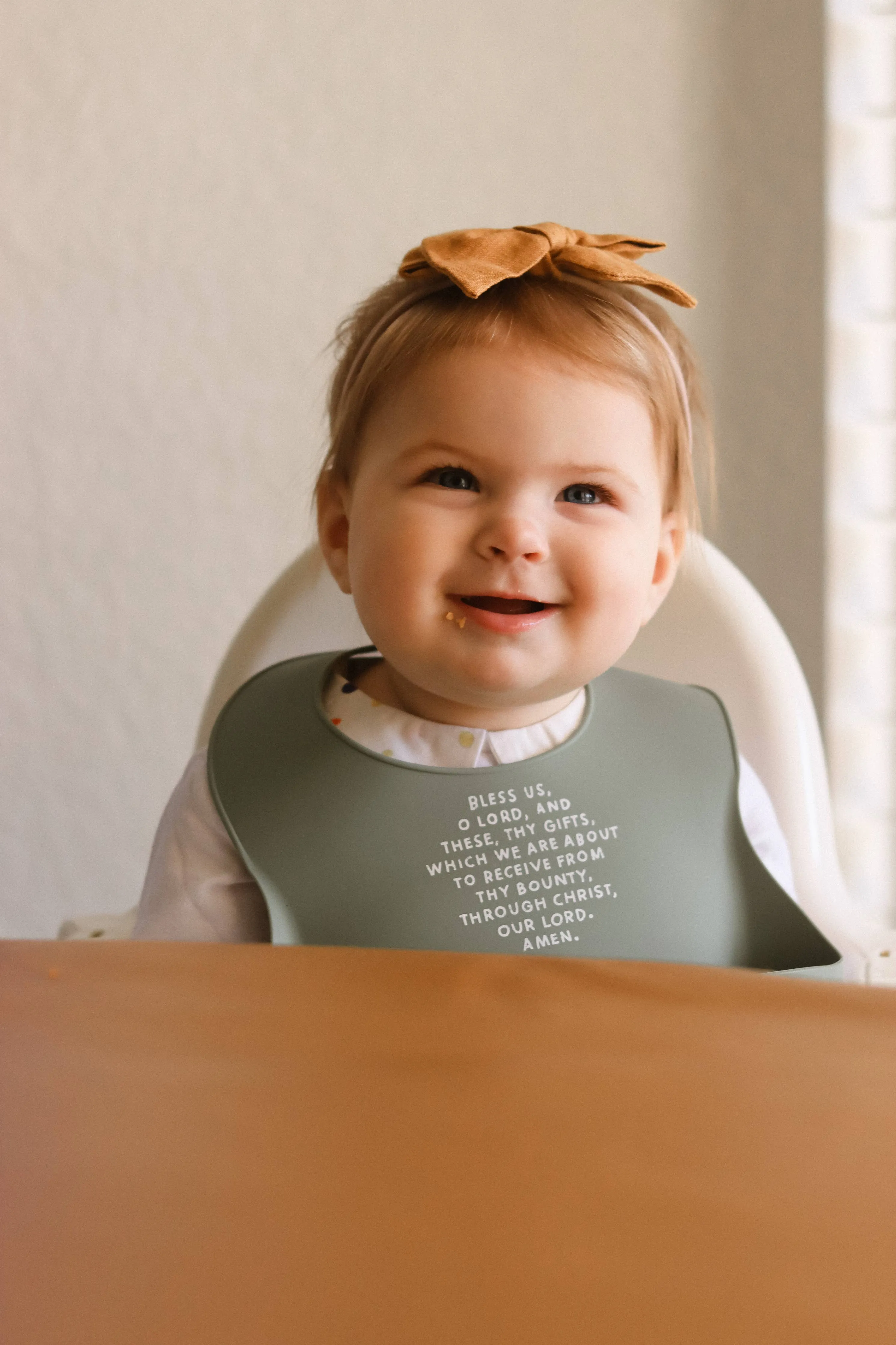 Catholic Meal Blessing Bib | BPA Free Bib | Gift For Baby: Sage Green - ALL CAPS English