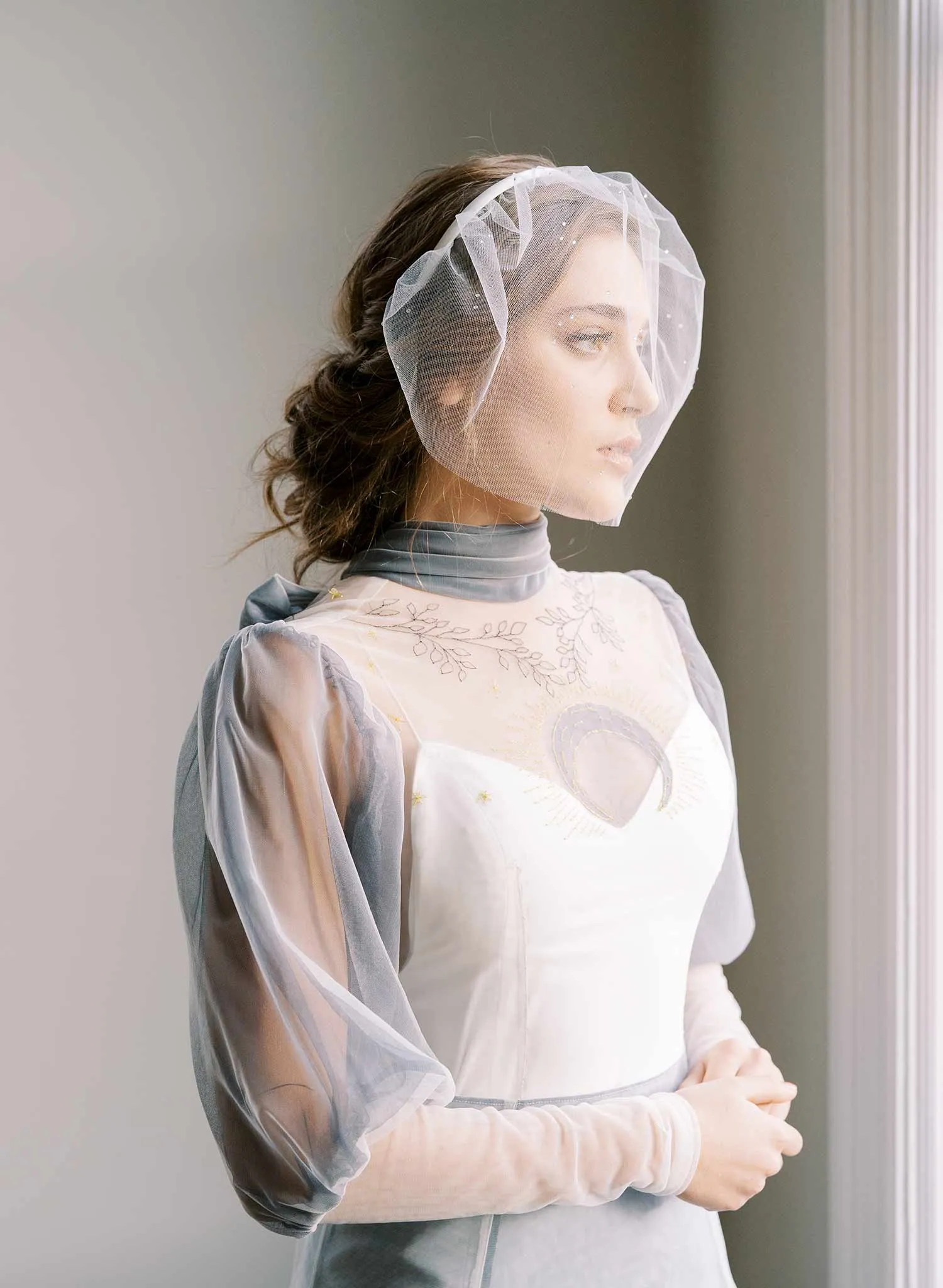 Crystal or pearl sprinkled tulle headband veil - Style #2445