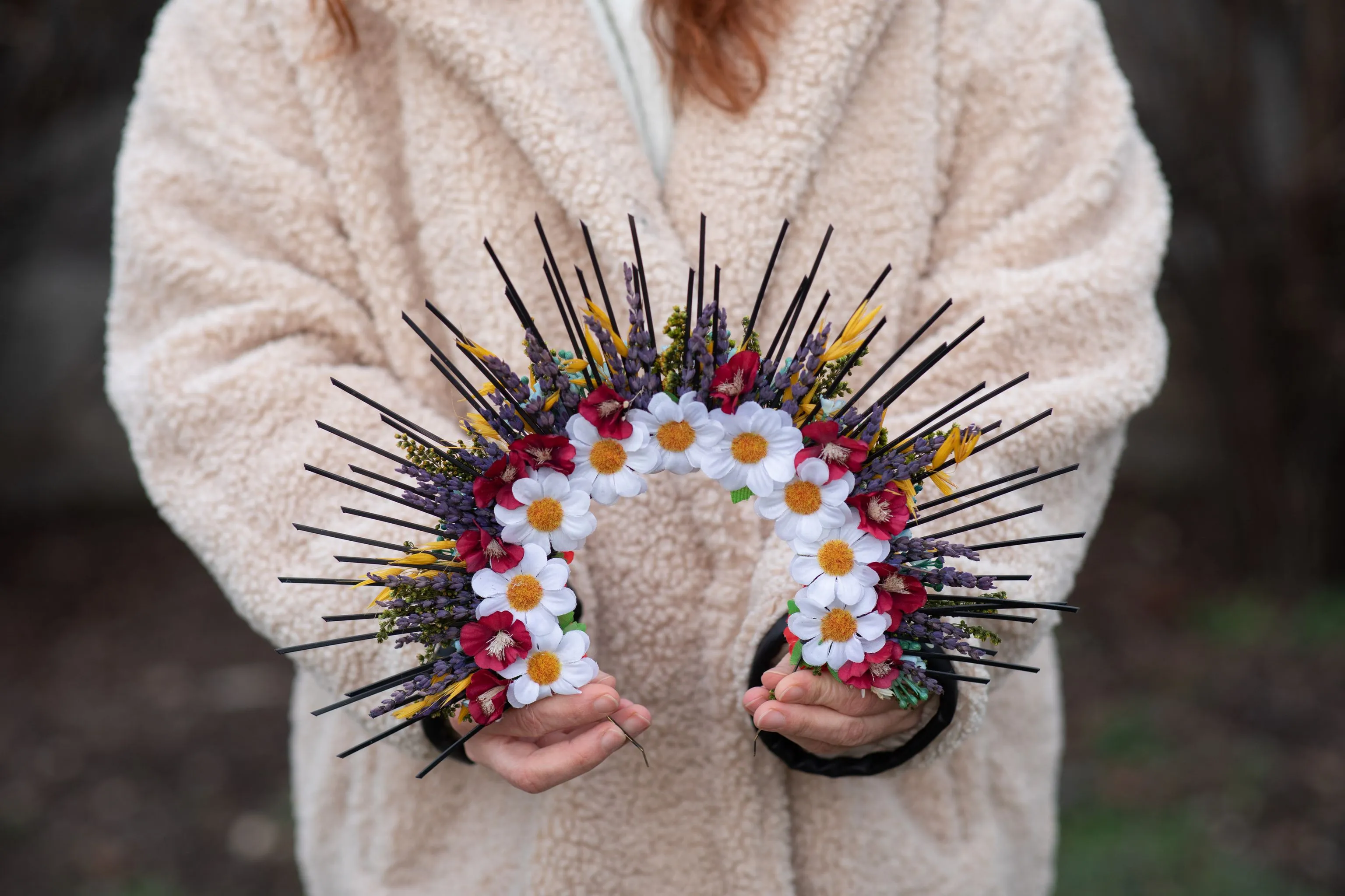 Folk flower halo crown Wedding headpiece Slavic wedding Meadow met gala crown Sun crown Bridal crown with spikes Two sided crown Magaela