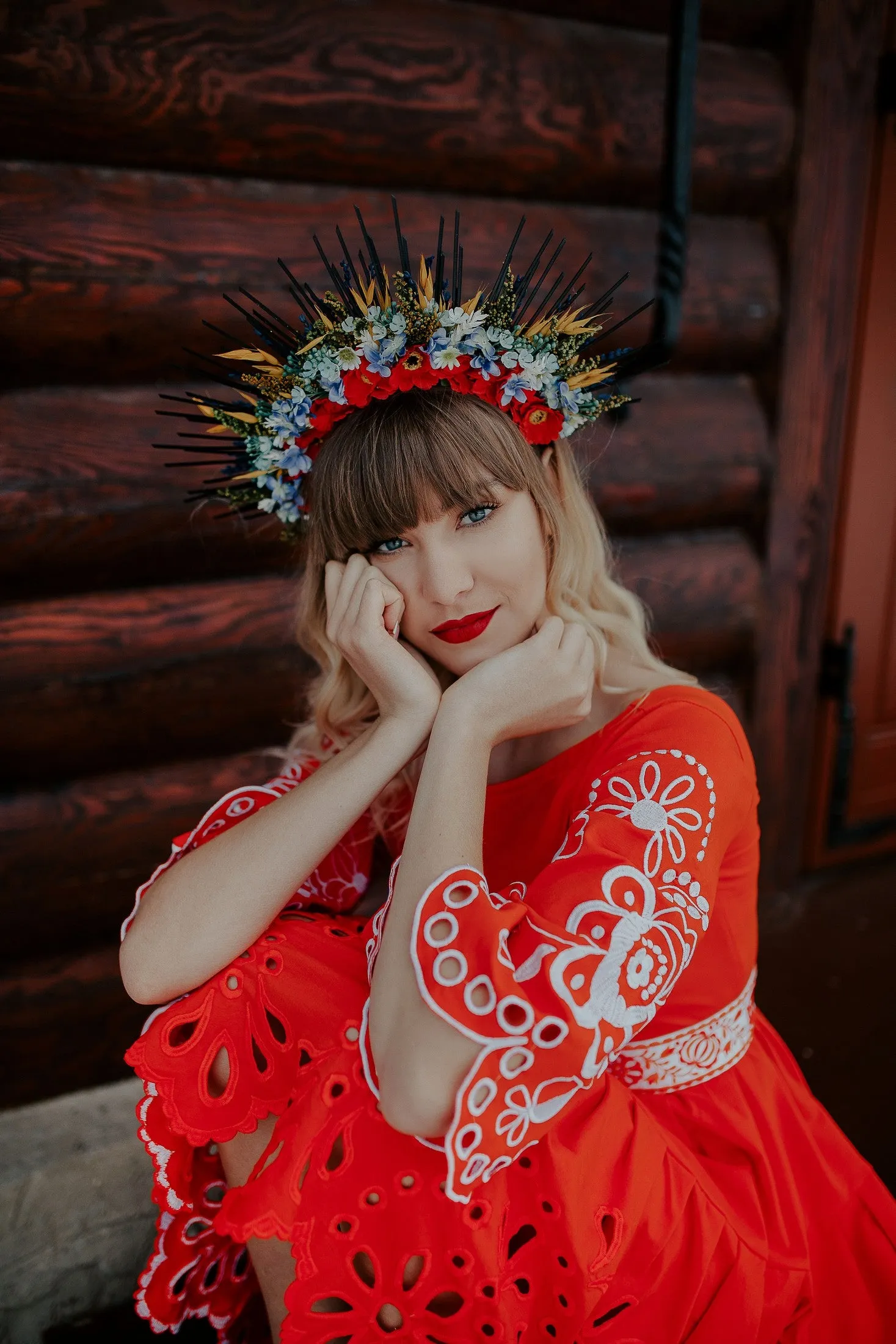 Folk flower halo crown Wedding headpiece Slavic wedding Meadow met gala crown Sun crown Bridal crown with spikes Two sided crown Magaela