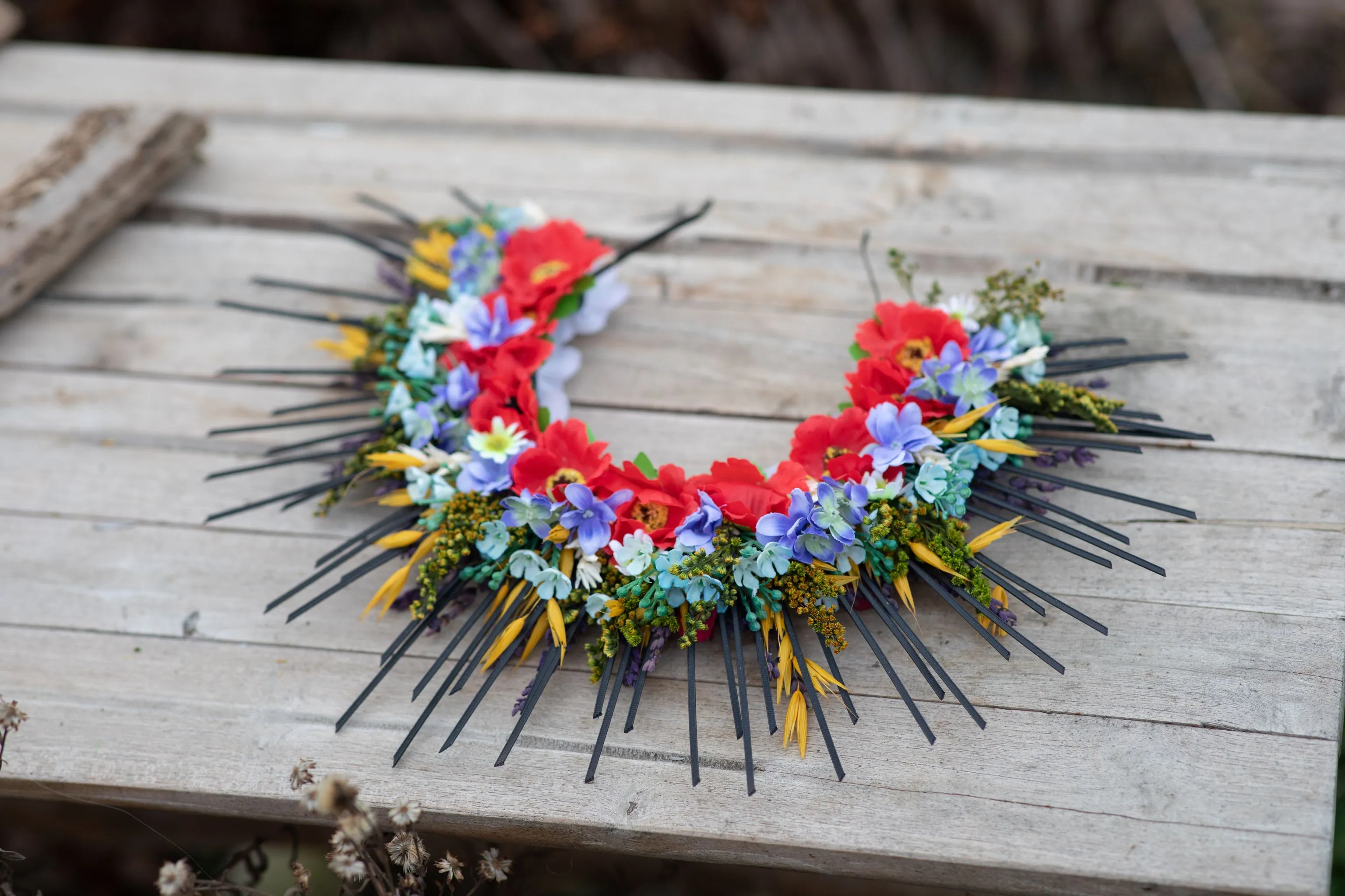 Folk flower halo crown Wedding headpiece Slavic wedding Meadow met gala crown Sun crown Bridal crown with spikes Two sided crown Magaela