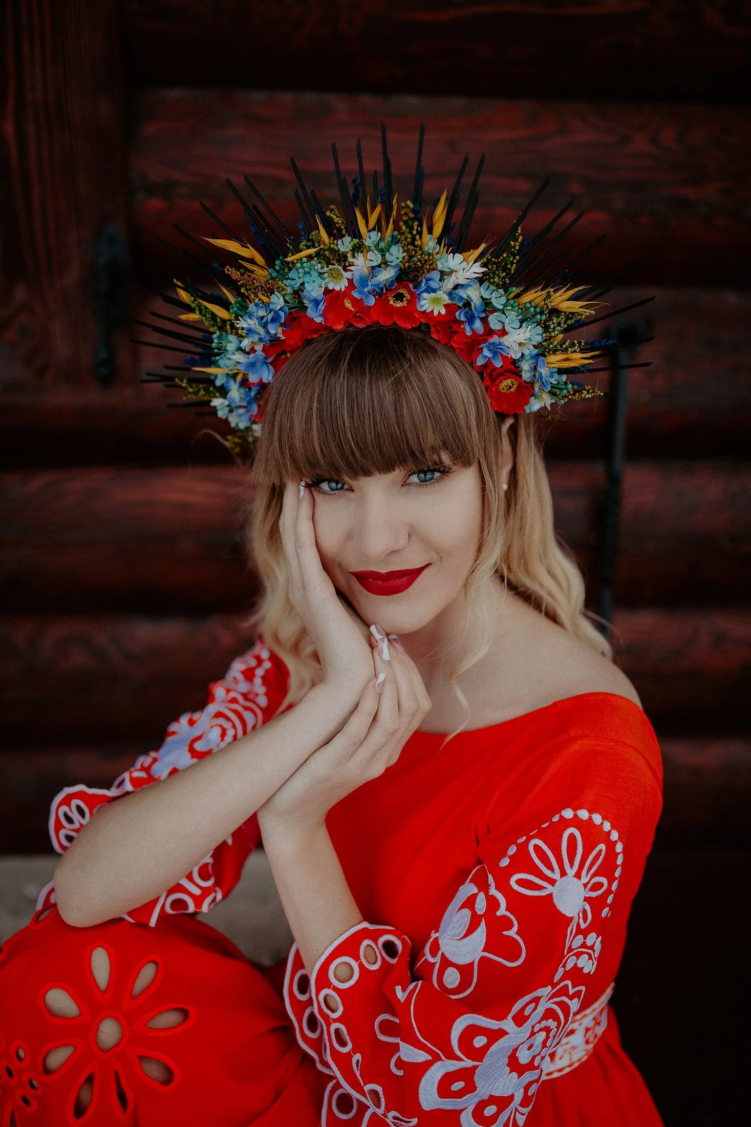 Folk flower halo crown Wedding headpiece Slavic wedding Meadow met gala crown Sun crown Bridal crown with spikes Two sided crown Magaela