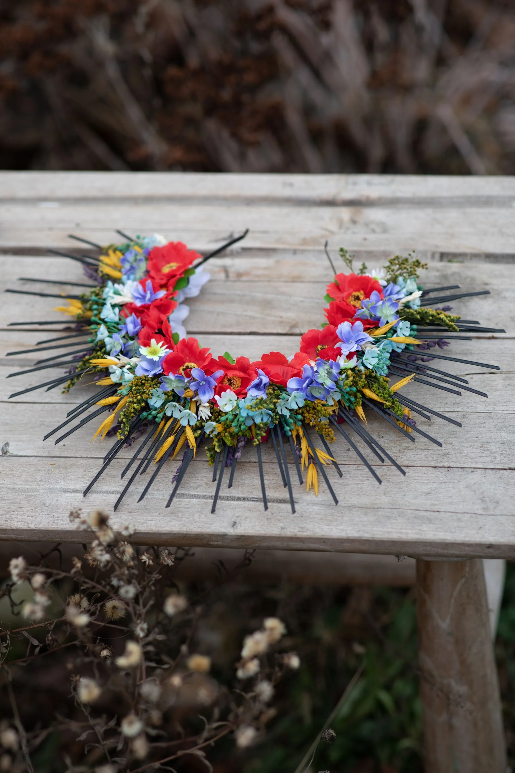 Folk flower halo crown Wedding headpiece Slavic wedding Meadow met gala crown Sun crown Bridal crown with spikes Two sided crown Magaela