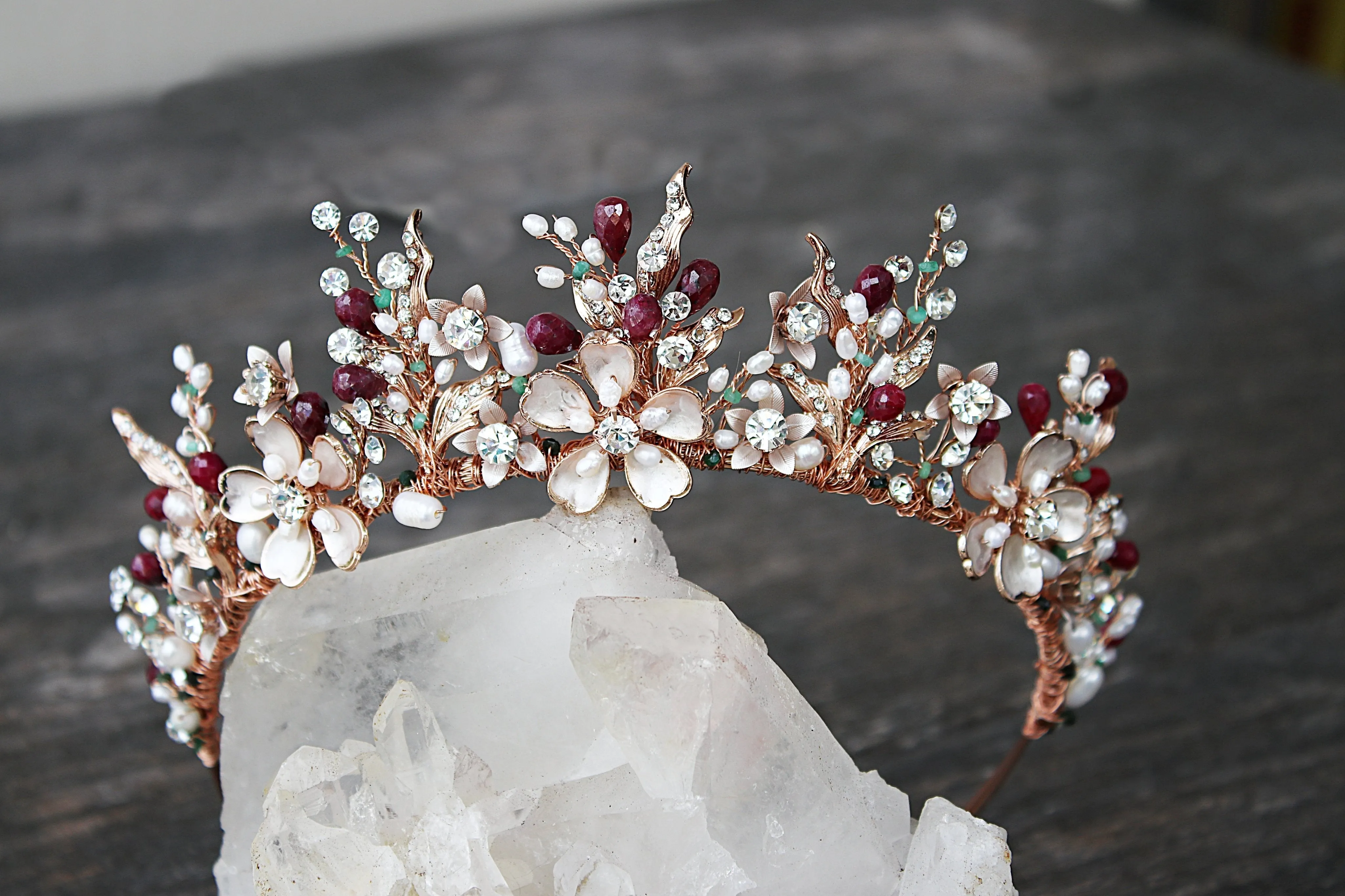 GENEVIEVE Tiara with Ruby and Emerald Briolettes