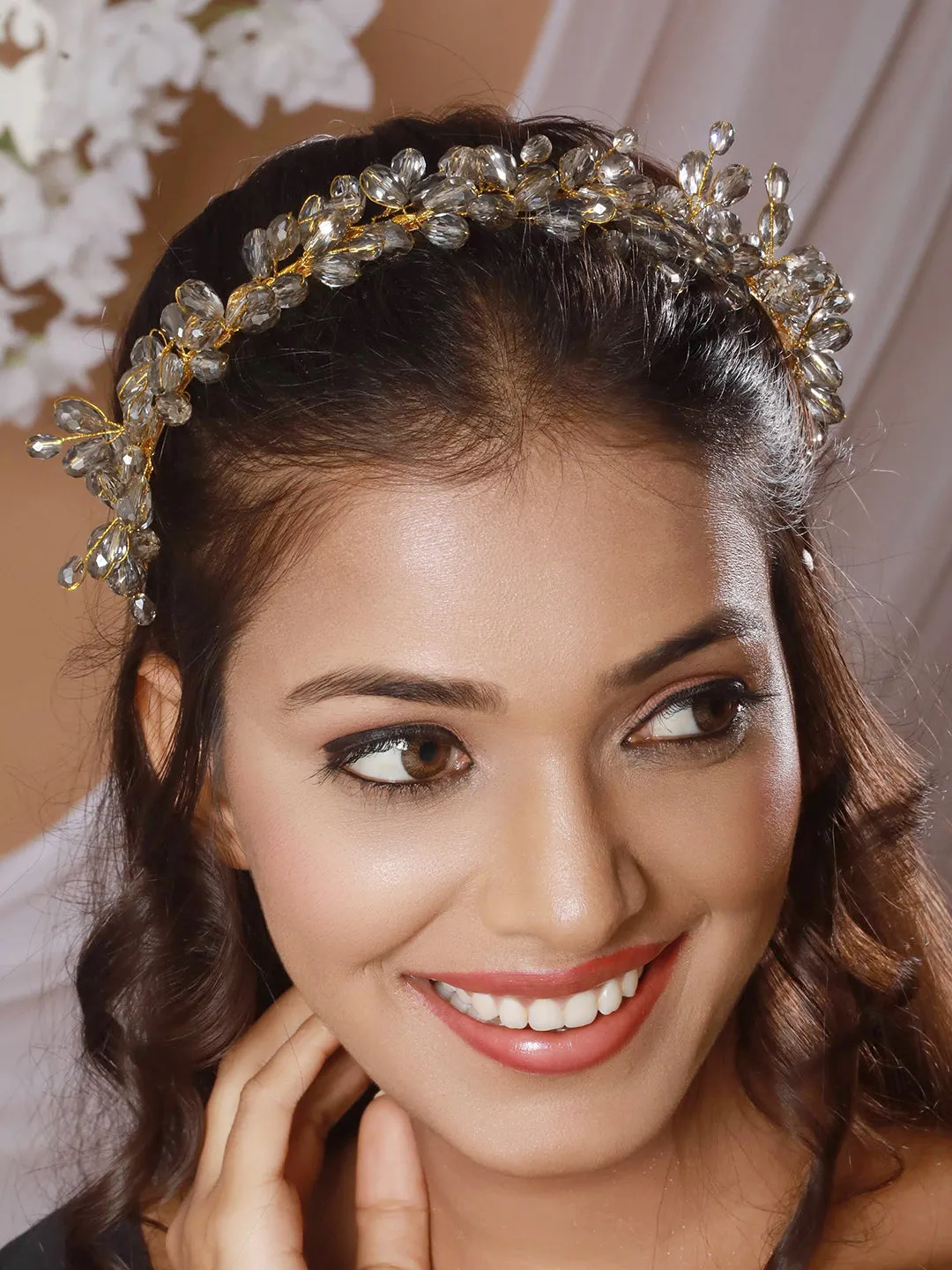 Gold-Toned Grey Pearl Studded Flower Tiara Hairband