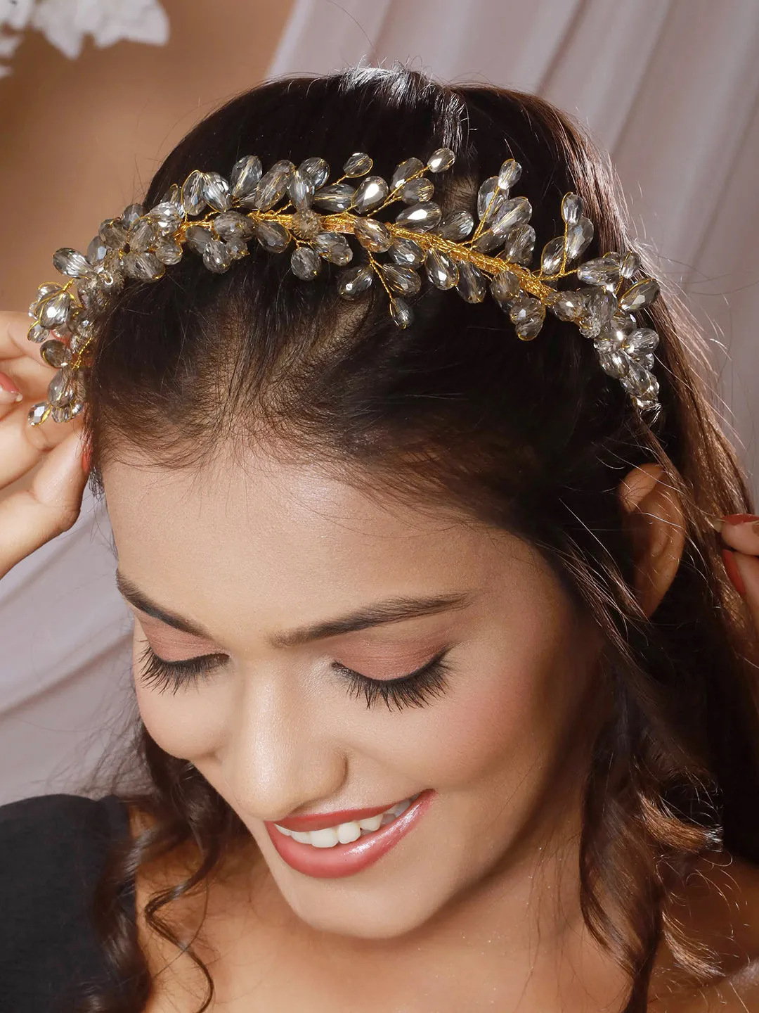 Gold-Toned Grey Pearl Studded Flower Tiara Hairband