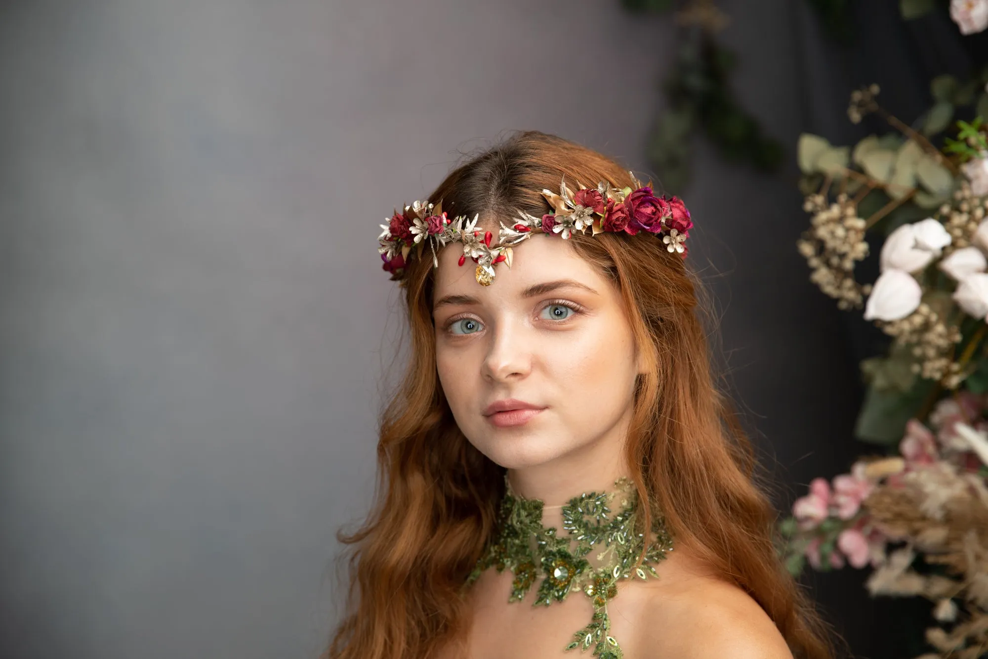 Golden and burgundy elven flower tiara