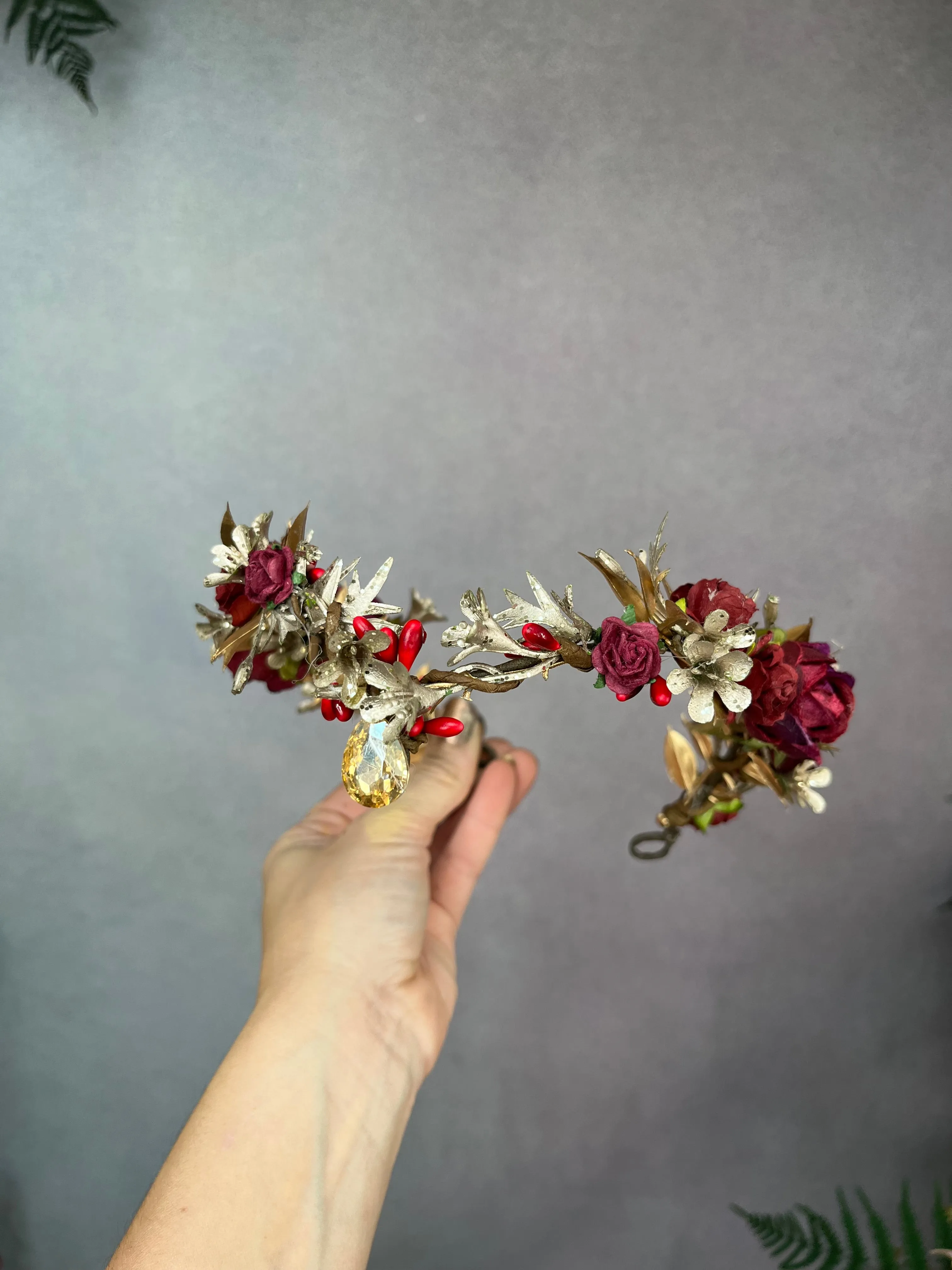 Golden and burgundy elven flower tiara