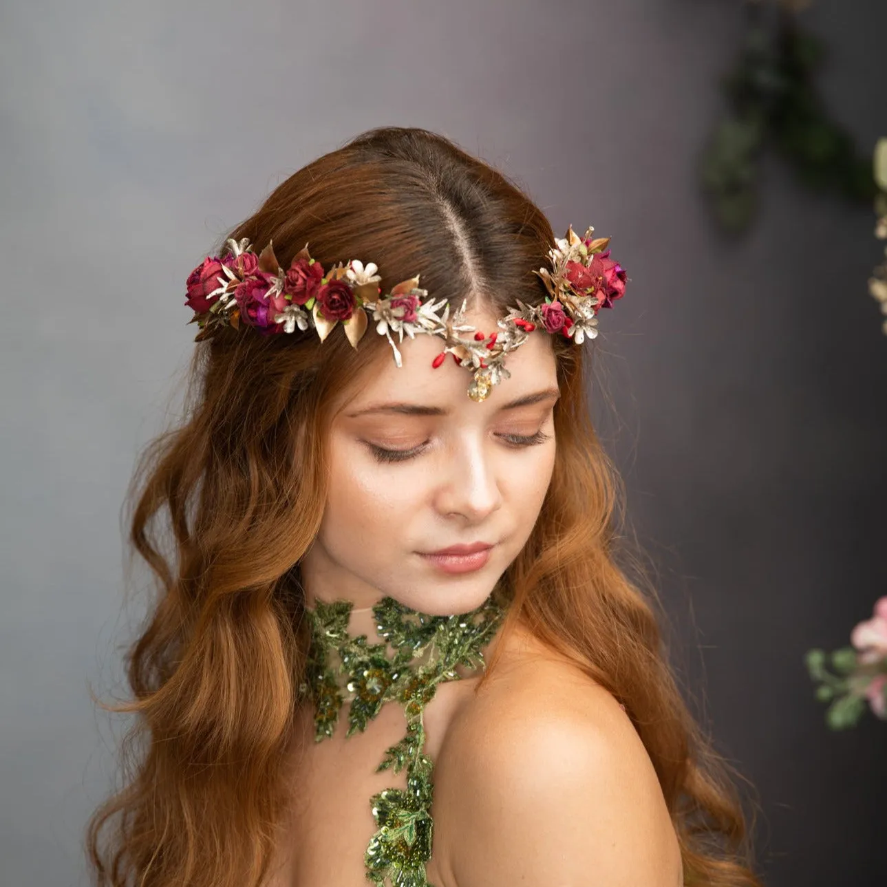 Golden and burgundy elven flower tiara