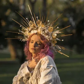 Customisable Golden and Cream Ivory-Spiked Bridal Halo Crown - Unusual Headband for Met Gala, Photoshoots & Weddings