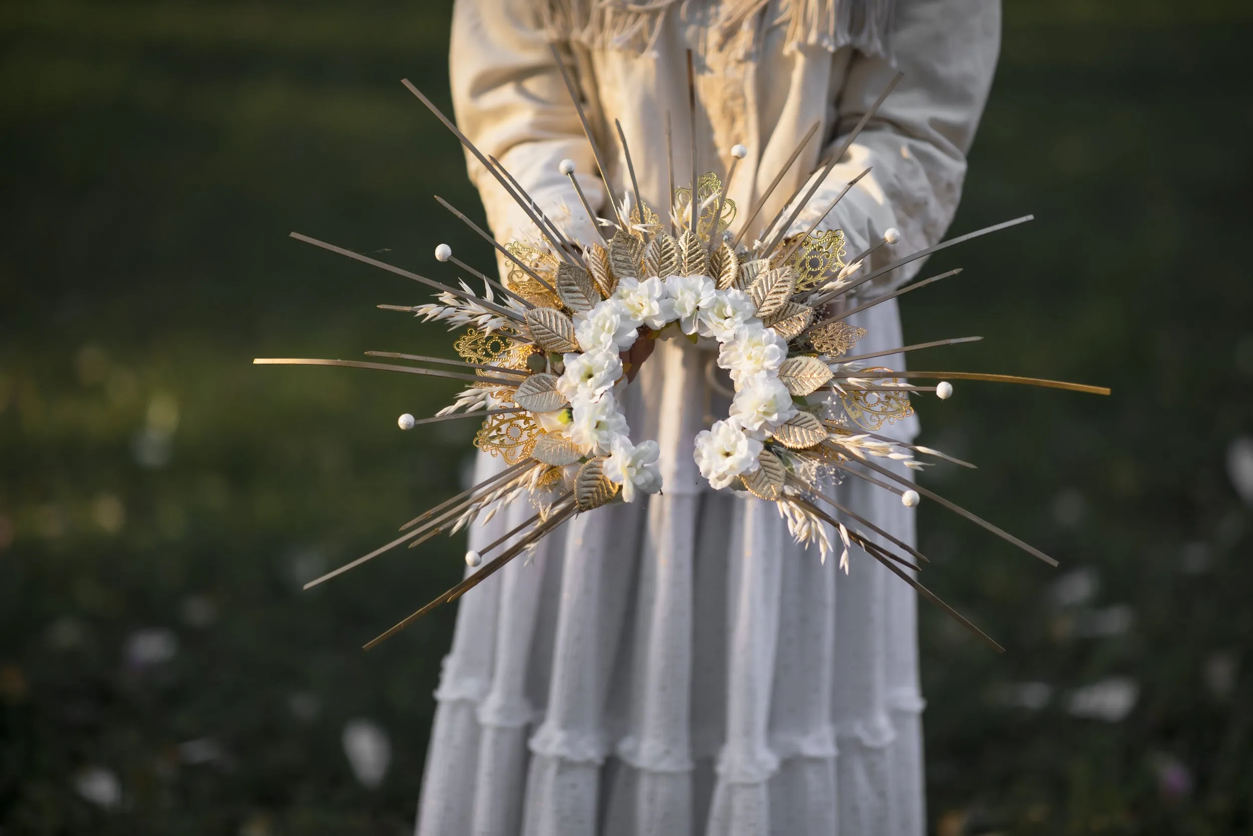 Customisable Golden and Cream Ivory-Spiked Bridal Halo Crown - Unusual Headband for Met Gala, Photoshoots & Weddings