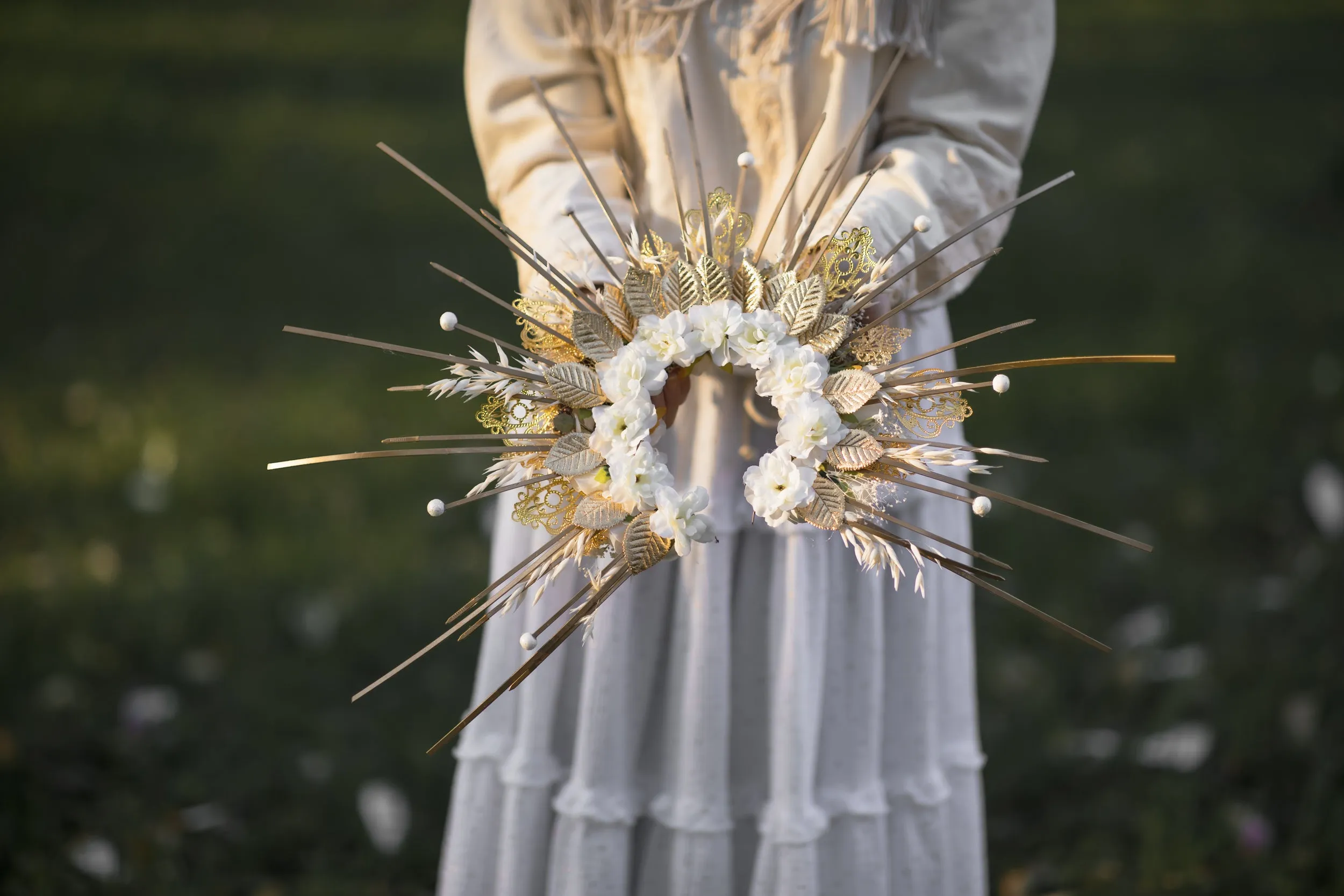 Customisable Golden and Cream Ivory-Spiked Bridal Halo Crown - Unusual Headband for Met Gala, Photoshoots & Weddings