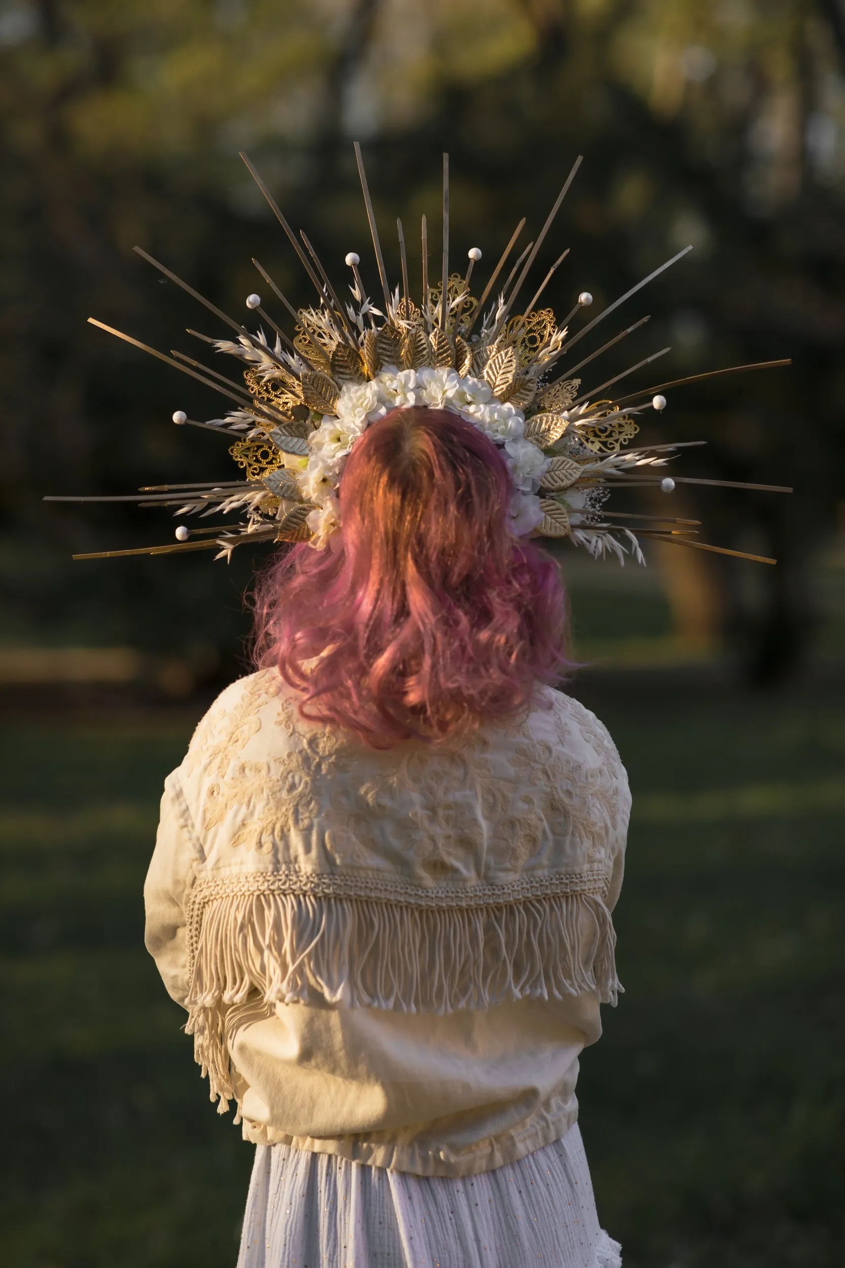 Customisable Golden and Cream Ivory-Spiked Bridal Halo Crown - Unusual Headband for Met Gala, Photoshoots & Weddings