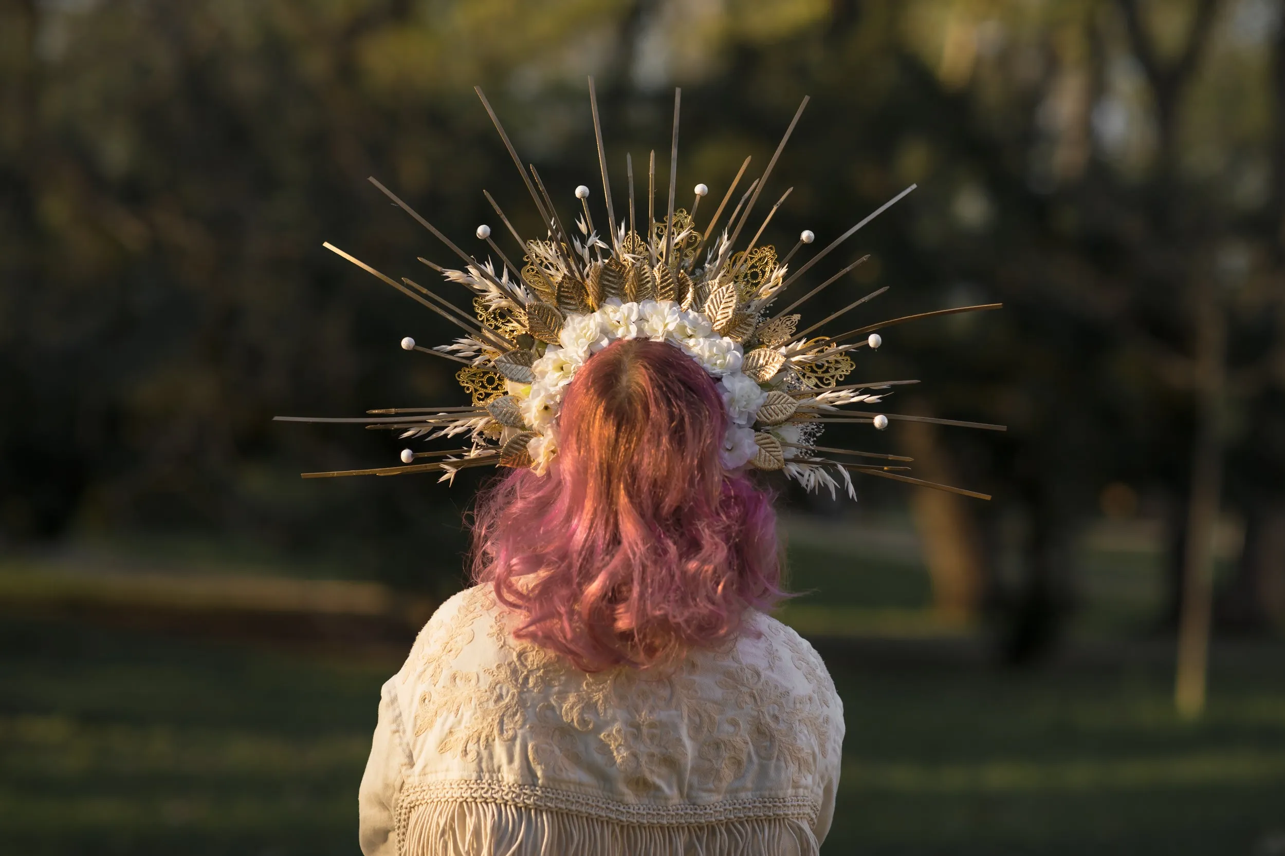 Customisable Golden and Cream Ivory-Spiked Bridal Halo Crown - Unusual Headband for Met Gala, Photoshoots & Weddings