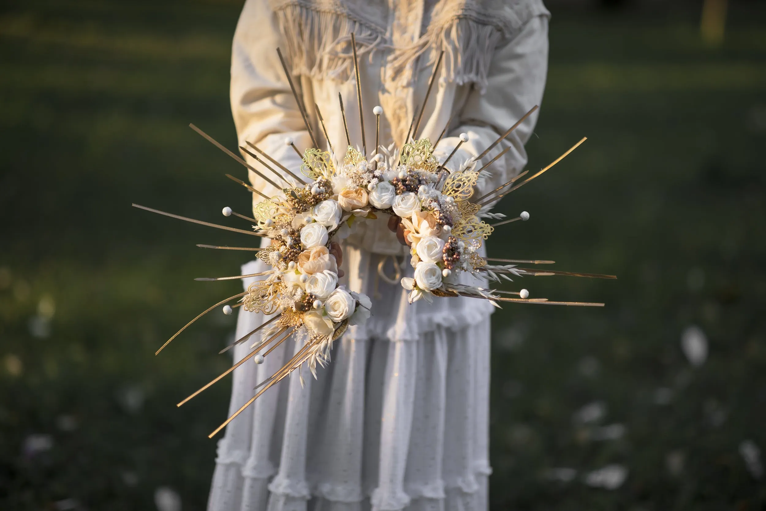 Customisable Golden and Cream Ivory-Spiked Bridal Halo Crown - Unusual Headband for Met Gala, Photoshoots & Weddings