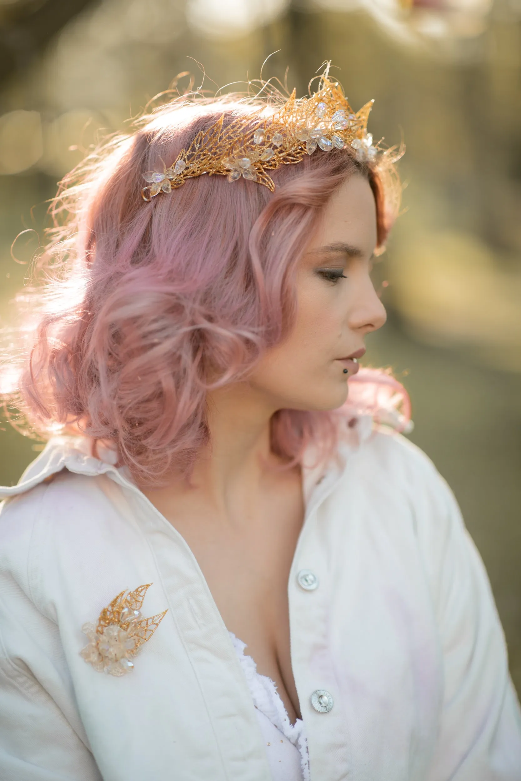 Golden bridal hair crown with crystals Wedding tiara Handmade crown with leaves Wedding accessories Magaela Tiara for bride Customisable