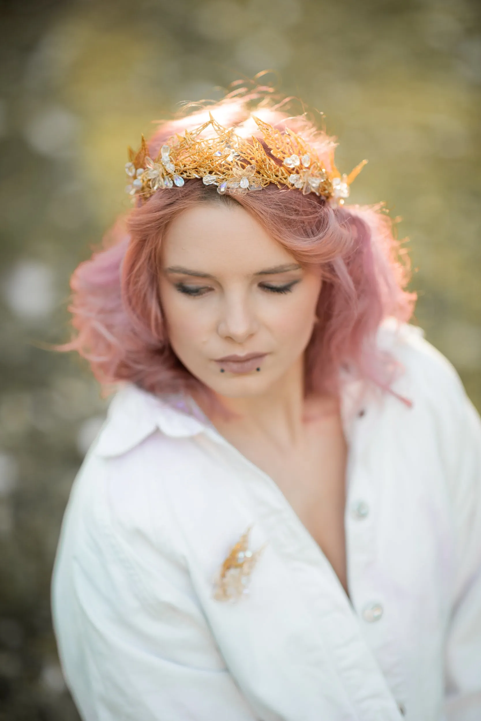 Golden bridal hair crown with crystals Wedding tiara Handmade crown with leaves Wedding accessories Magaela Tiara for bride Customisable