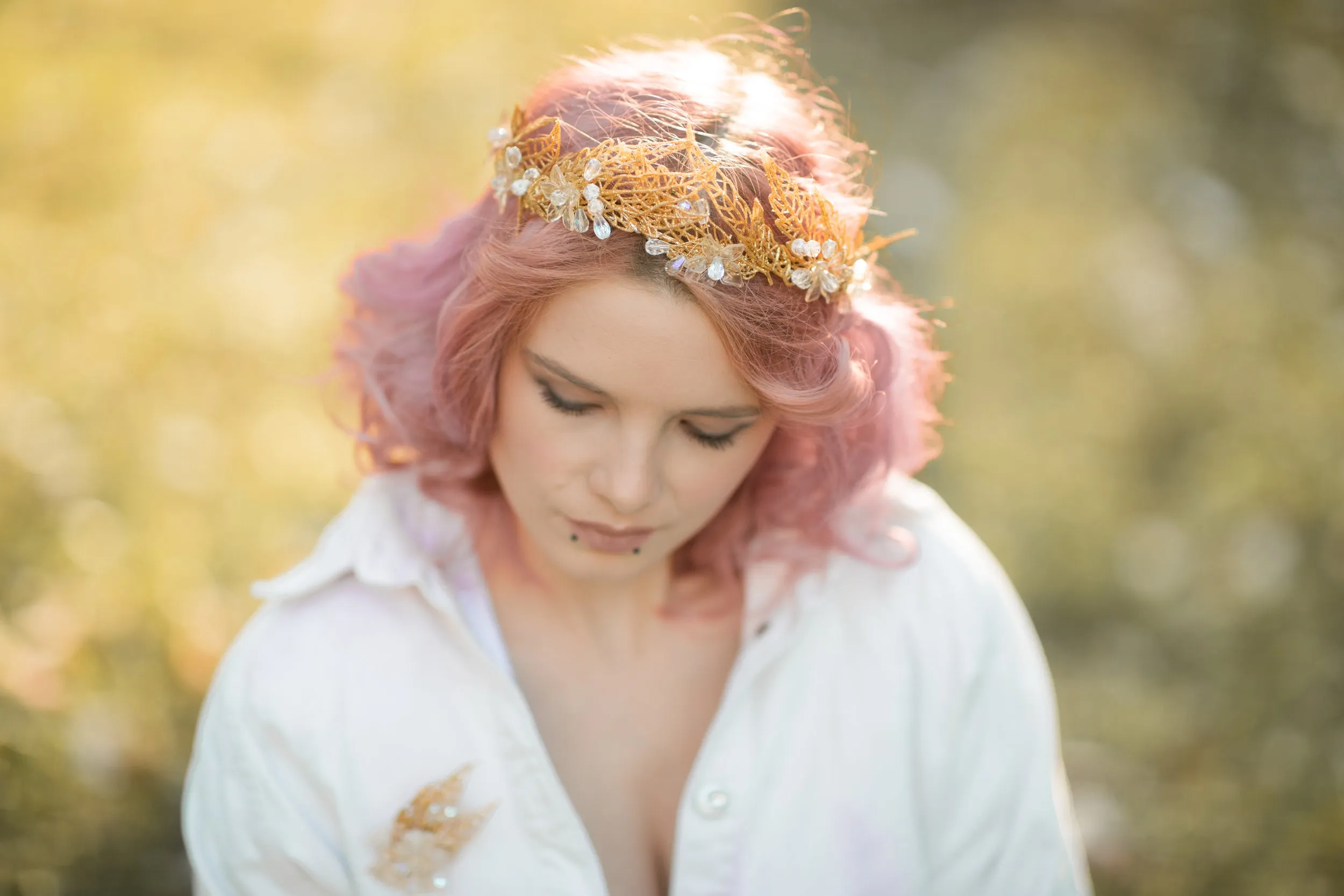 Golden bridal hair crown with crystals Wedding tiara Handmade crown with leaves Wedding accessories Magaela Tiara for bride Customisable