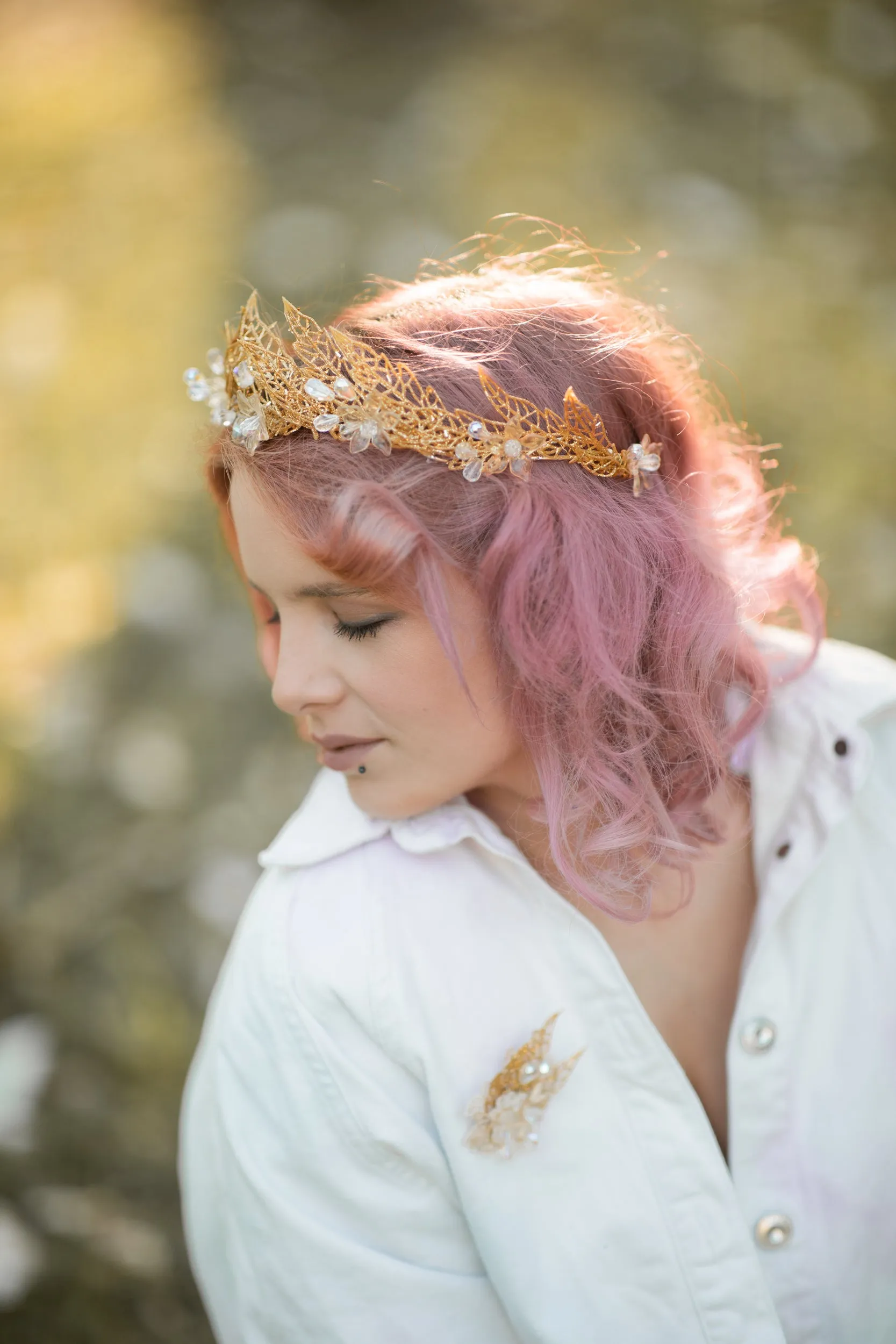 Golden bridal hair crown with crystals Wedding tiara Handmade crown with leaves Wedding accessories Magaela Tiara for bride Customisable