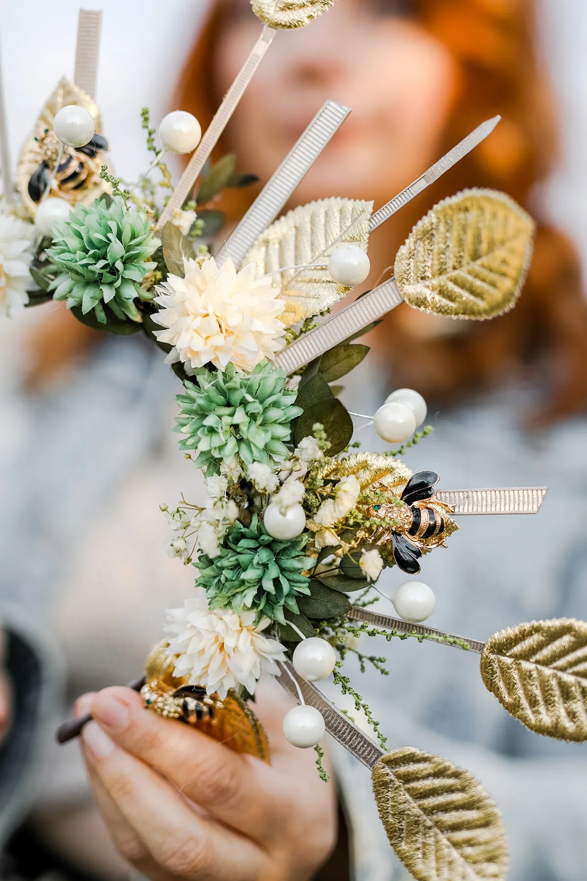 Golden flower halo crown Bees Bridal headpiece Natural green and white headband Met gala sun headpiece Handmade spike crown Beyonce Magaela