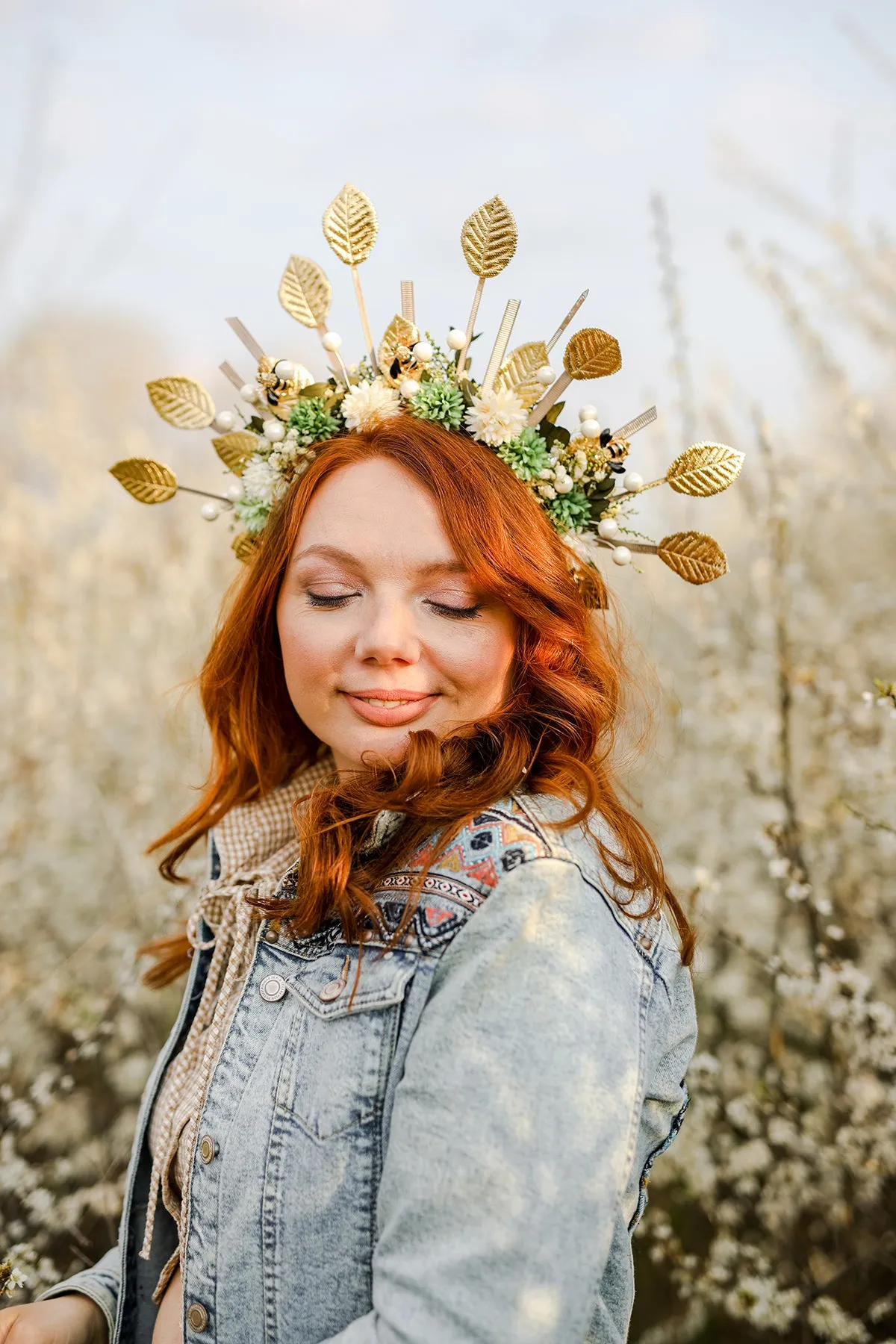 Golden flower halo crown Bees Bridal headpiece Natural green and white headband Met gala sun headpiece Handmade spike crown Beyonce Magaela