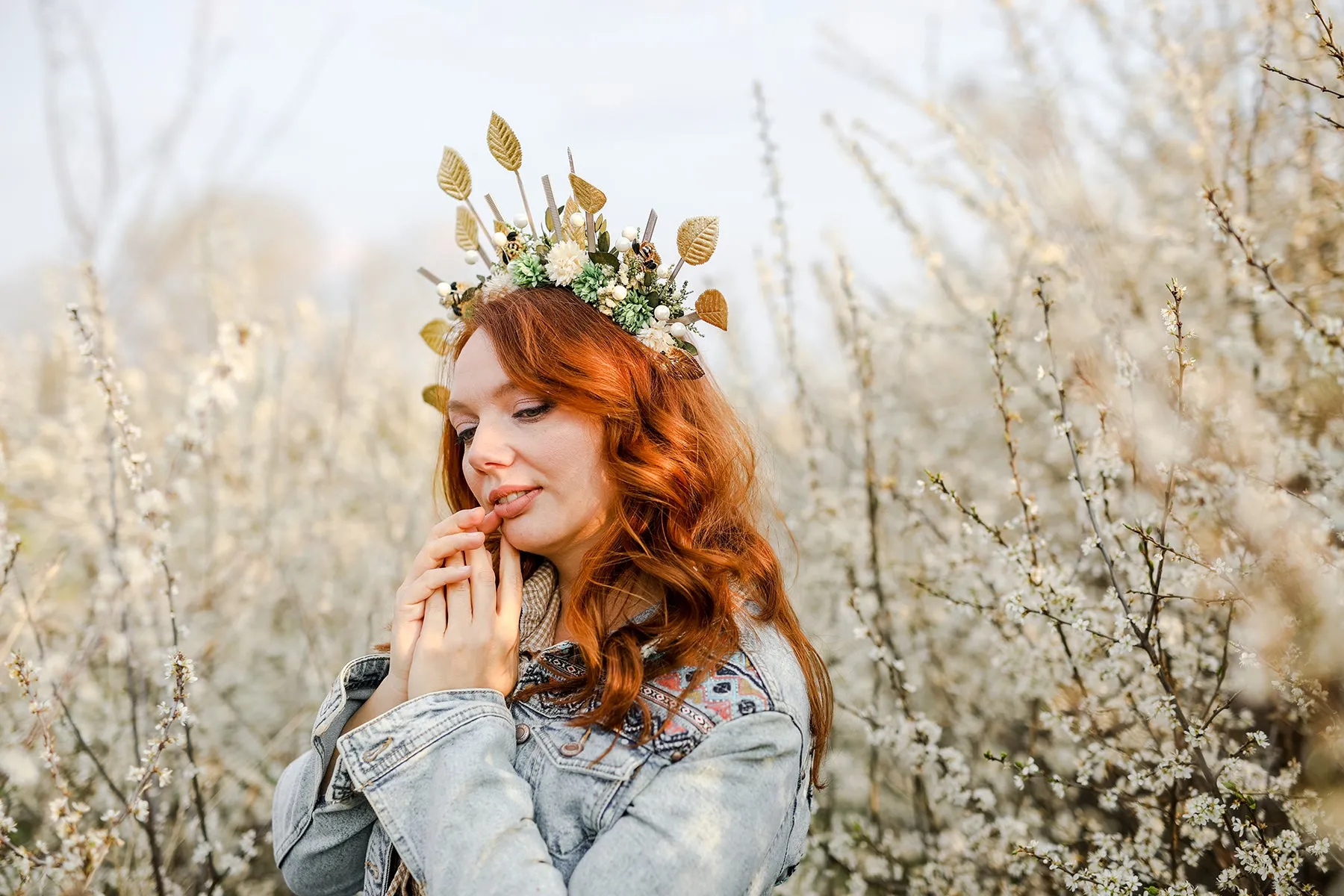 Golden flower halo crown Bees Bridal headpiece Natural green and white headband Met gala sun headpiece Handmade spike crown Beyonce Magaela