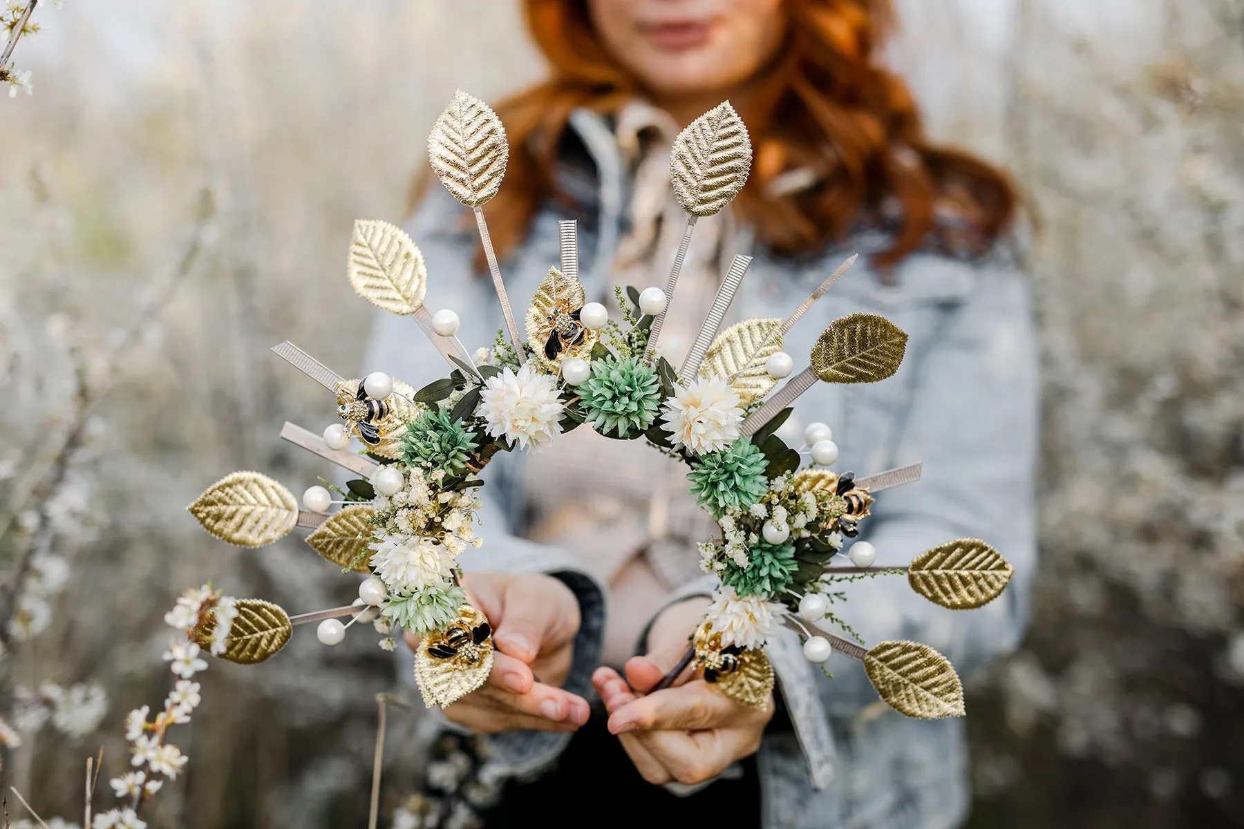 Golden flower halo crown Bees Bridal headpiece Natural green and white headband Met gala sun headpiece Handmade spike crown Beyonce Magaela