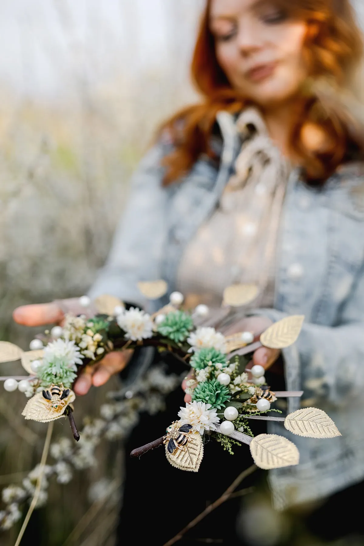 Golden flower halo crown Bees Bridal headpiece Natural green and white headband Met gala sun headpiece Handmade spike crown Beyonce Magaela