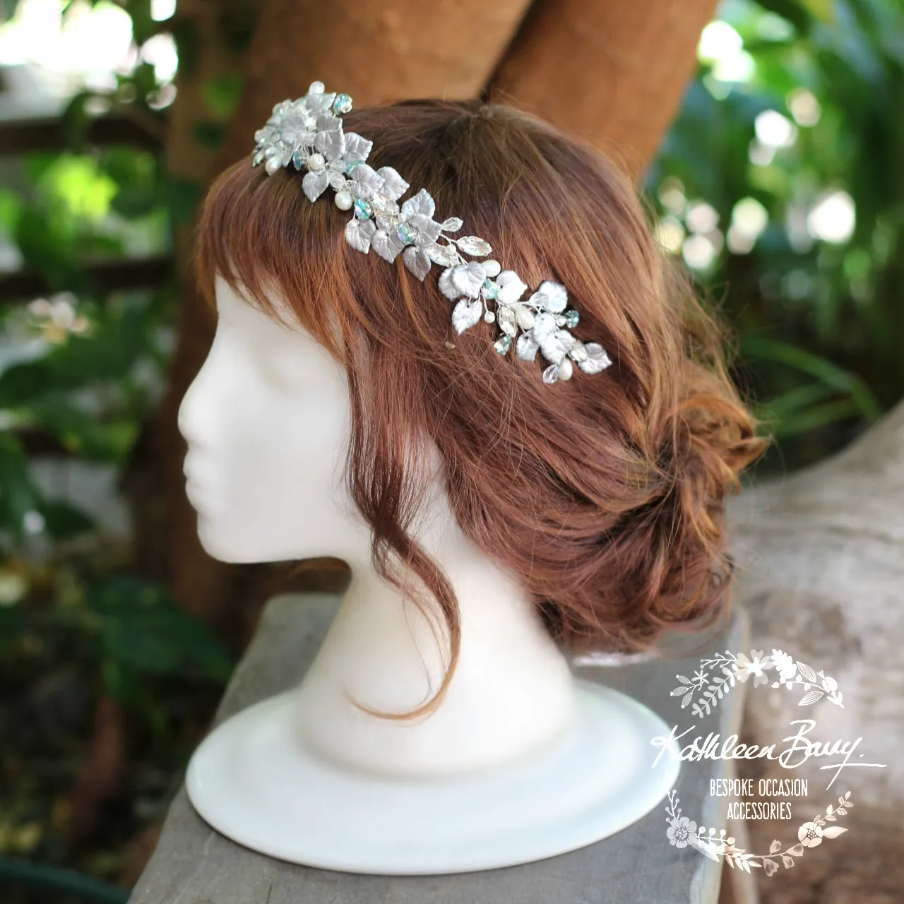 Larissa Silver leaf crown - crystal rhinestones with hints of aqua and pearl.