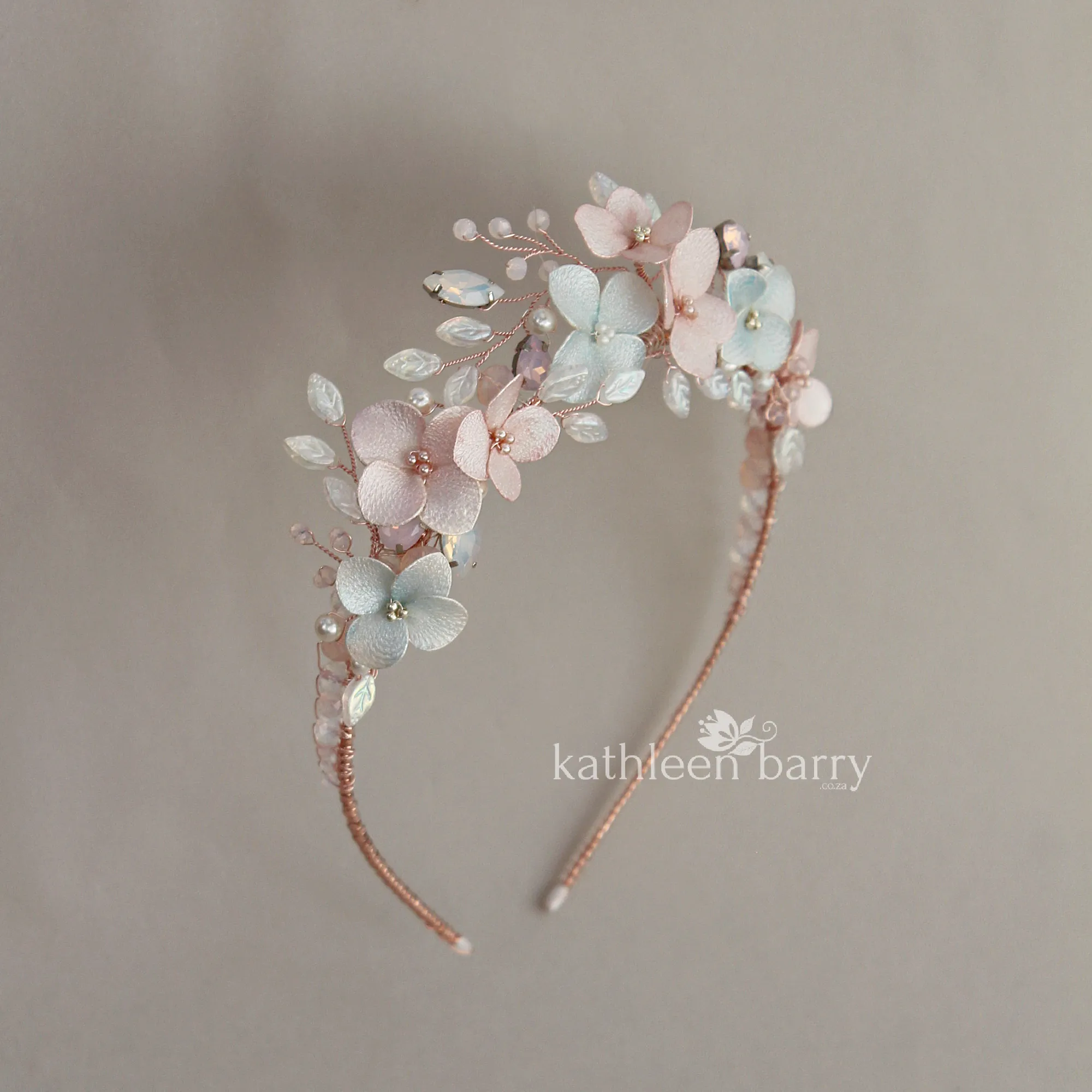 Rachel floral and pearl hairband taiara style - opalescent blue & pink - custom colors to order