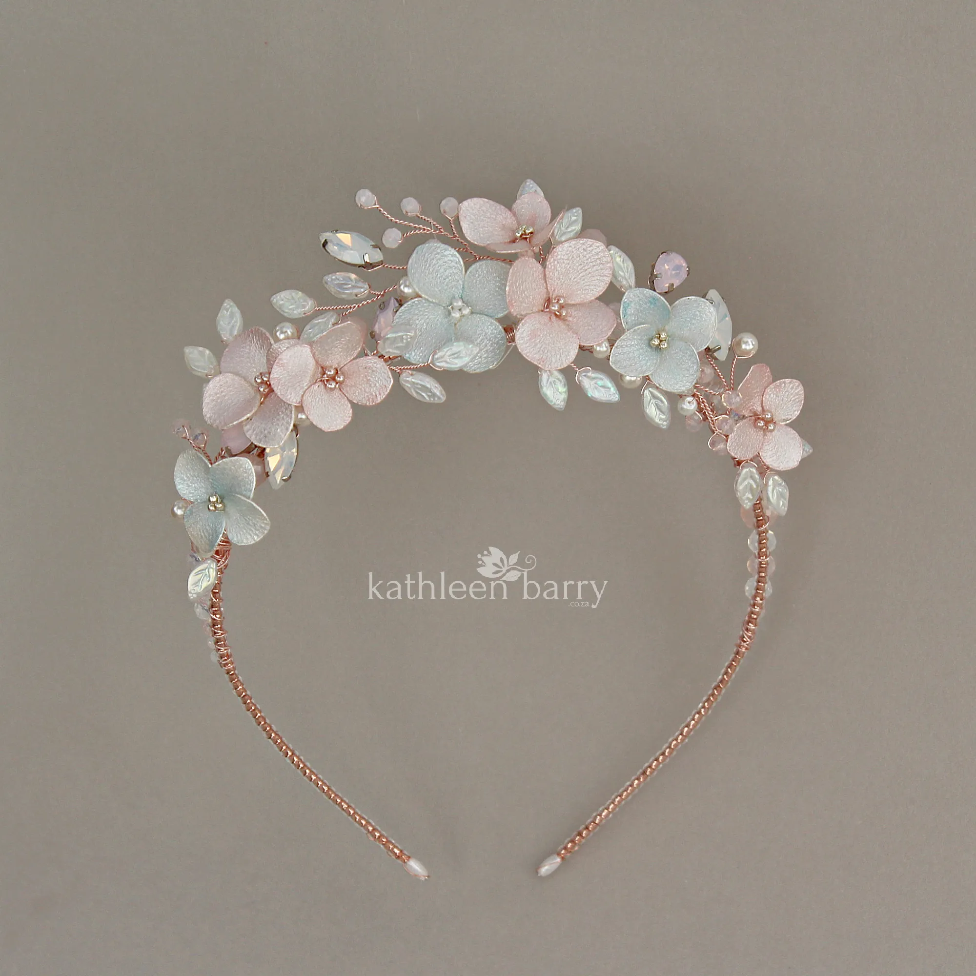 Rachel floral and pearl hairband taiara style - opalescent blue & pink - custom colors to order